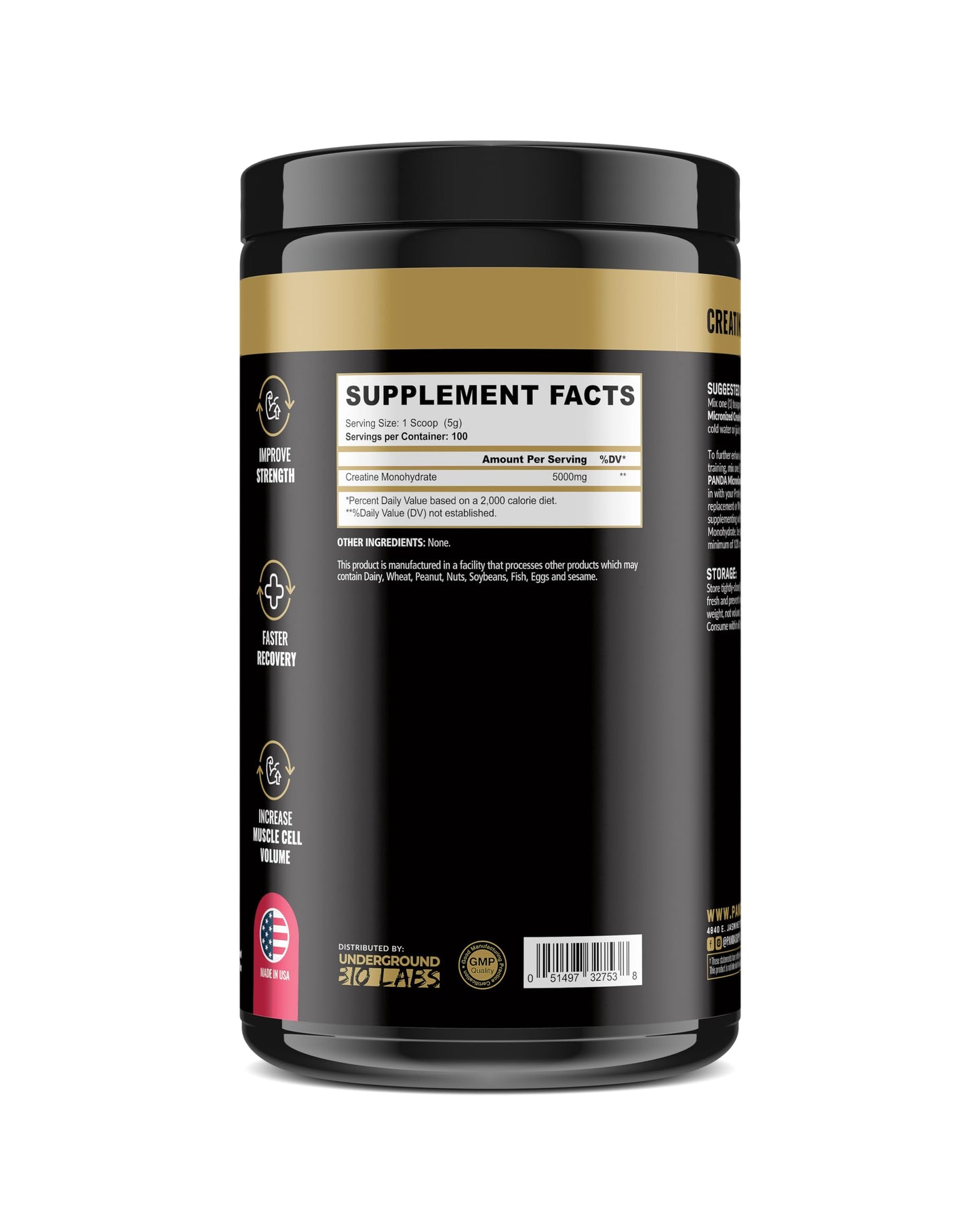 Underground Bio Labs: Panda Supps Micronized Creatine 5000mg | Pre and Post Workout Recovery Drink | Enhanced Muscle Mass, Athletic Performance, and Muscle Recovery - Unflavored (100 Servings)