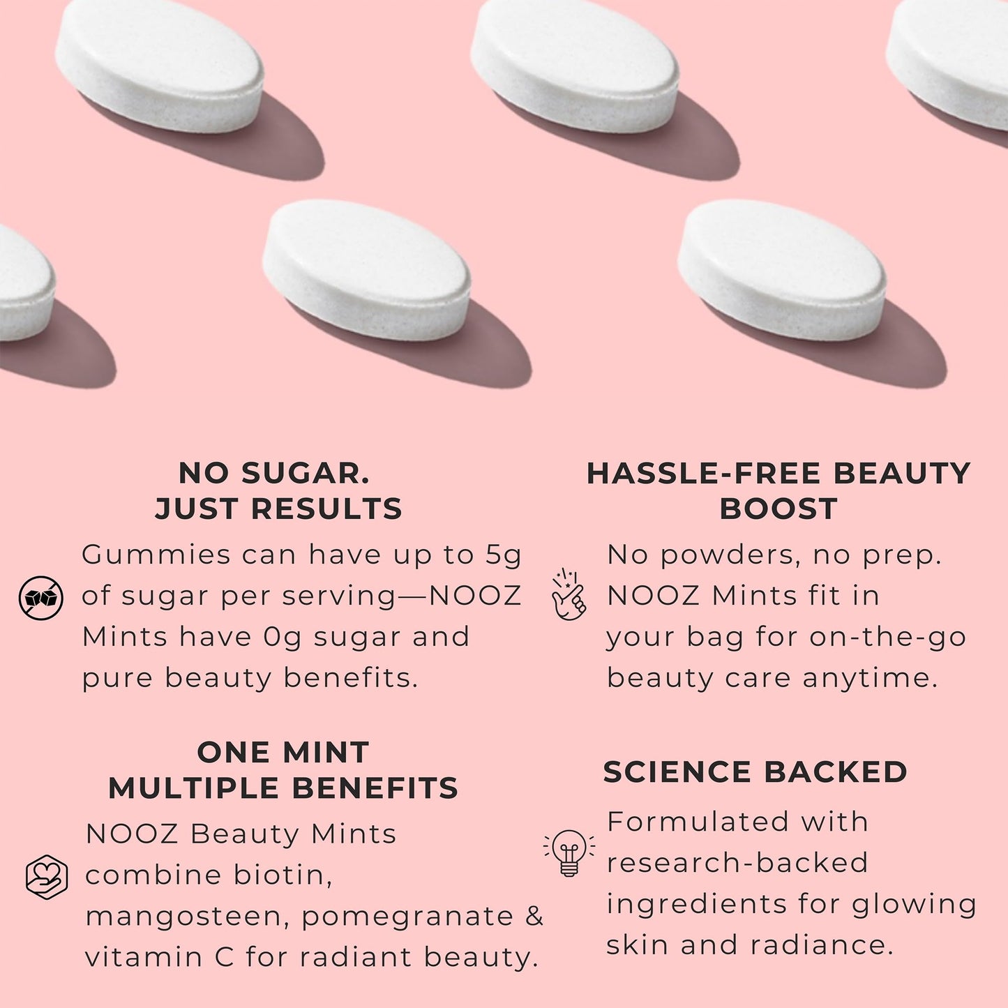 NOOZ Beauty Mints - Sugar-Free Biotin Mints for Glowing Skin, Healthy Hair & Strong Nails - Juicy Pear Flavor | Travel-Friendly Supplement with Antioxidants, Vitamin C, B6 & B12 | Non-GMO, 25 Mints