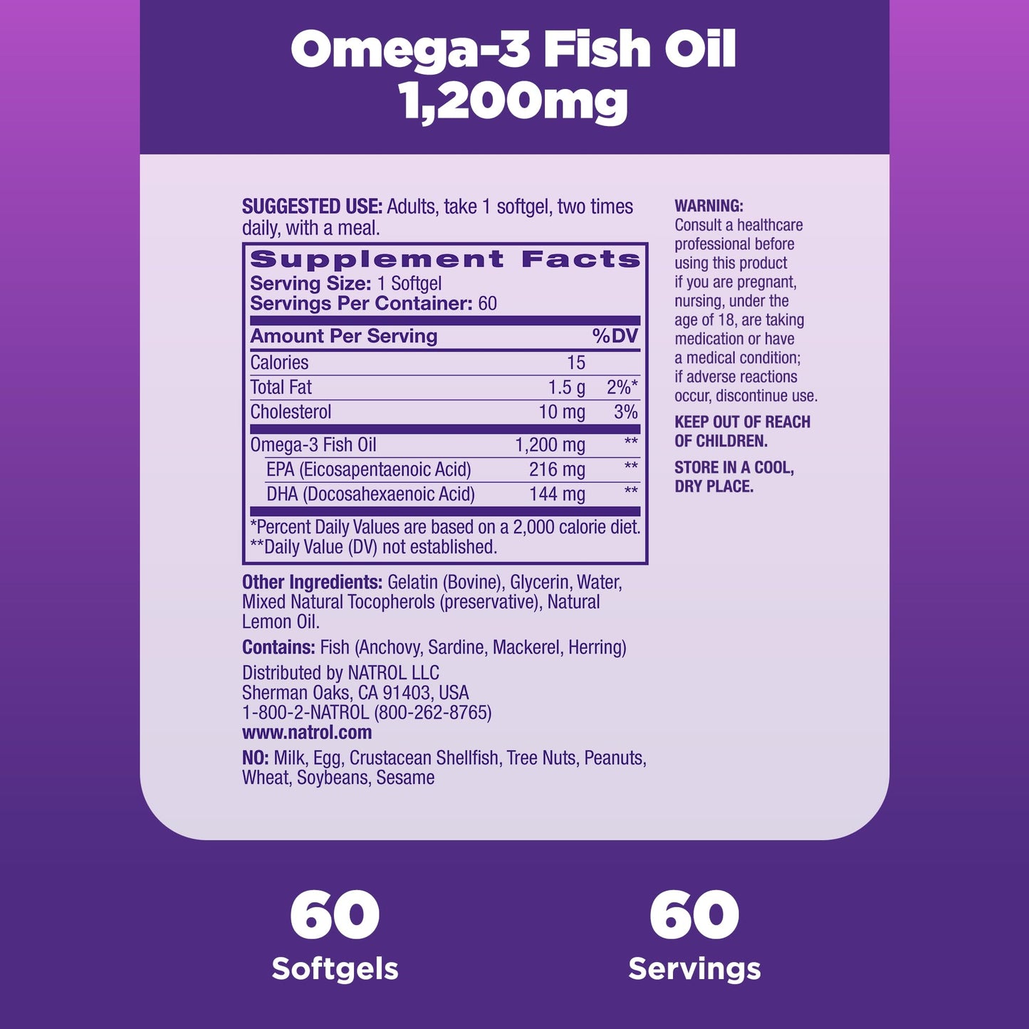 Natrol, Omega-3 Fish Oil Softgels, Heart Health Dietary Supplement, 1200 mg, 60 Count
