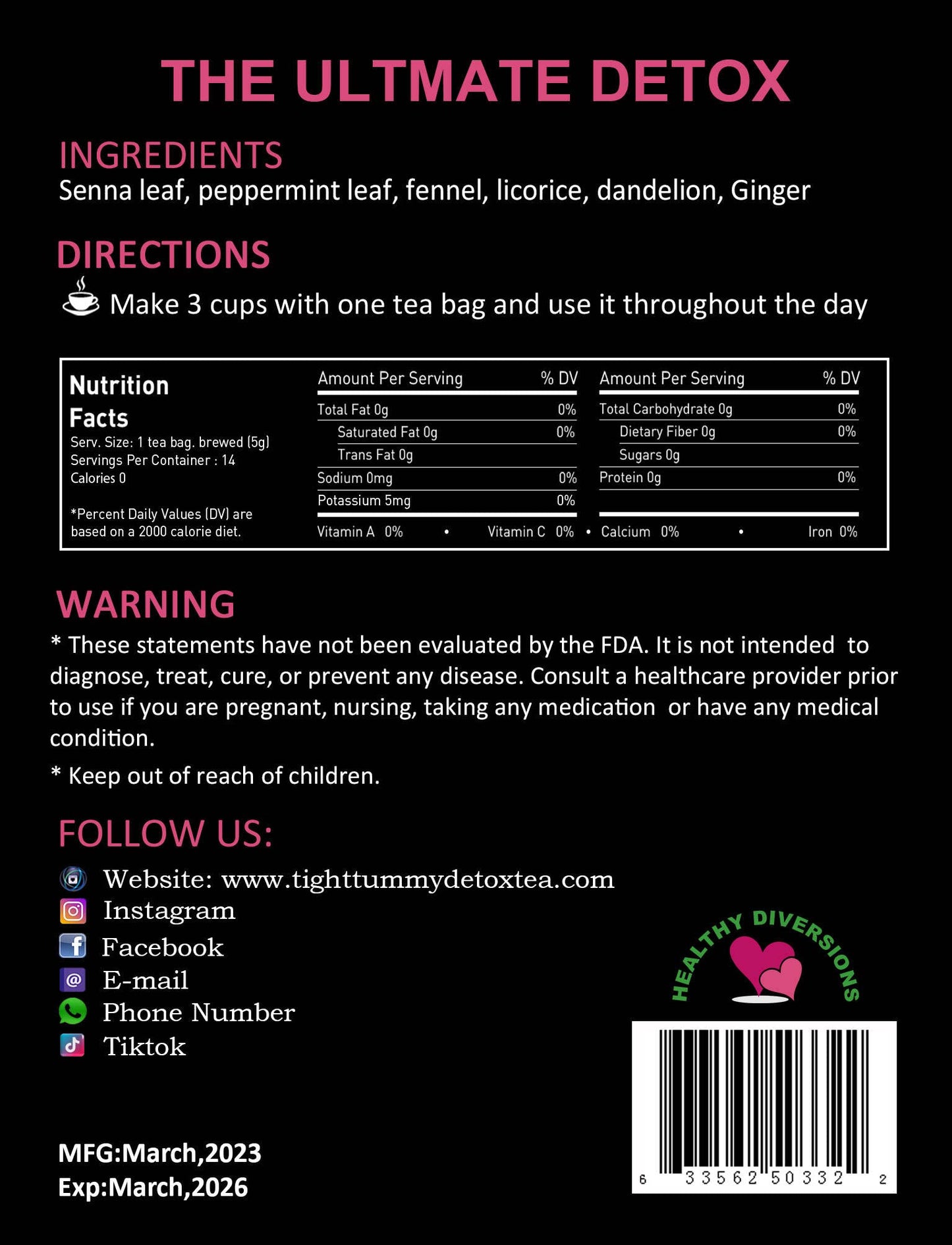 Healthy Diversions Tight Tummy Detox Tea, Extra Strength results within a week reduce bloating Herbal Tea Bags, Wellness & Energy Support 14 Tea Bags, 2.4oz (2 Packs Deal)