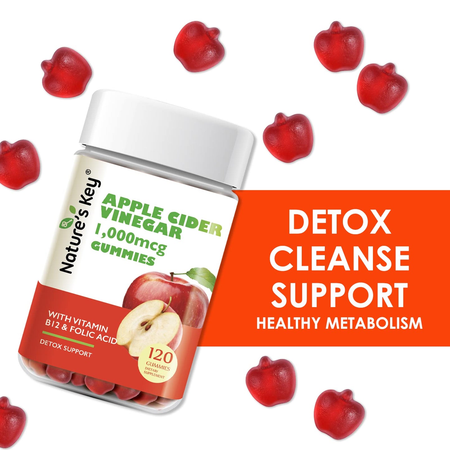 Nature's Key Apple Cider Vinegar Gummies 120 Count ACV Gummy with Folic Vitamin B6 B12 Beetroot & Pomegranate - Vegan, Non-GMO & Gluten-Free