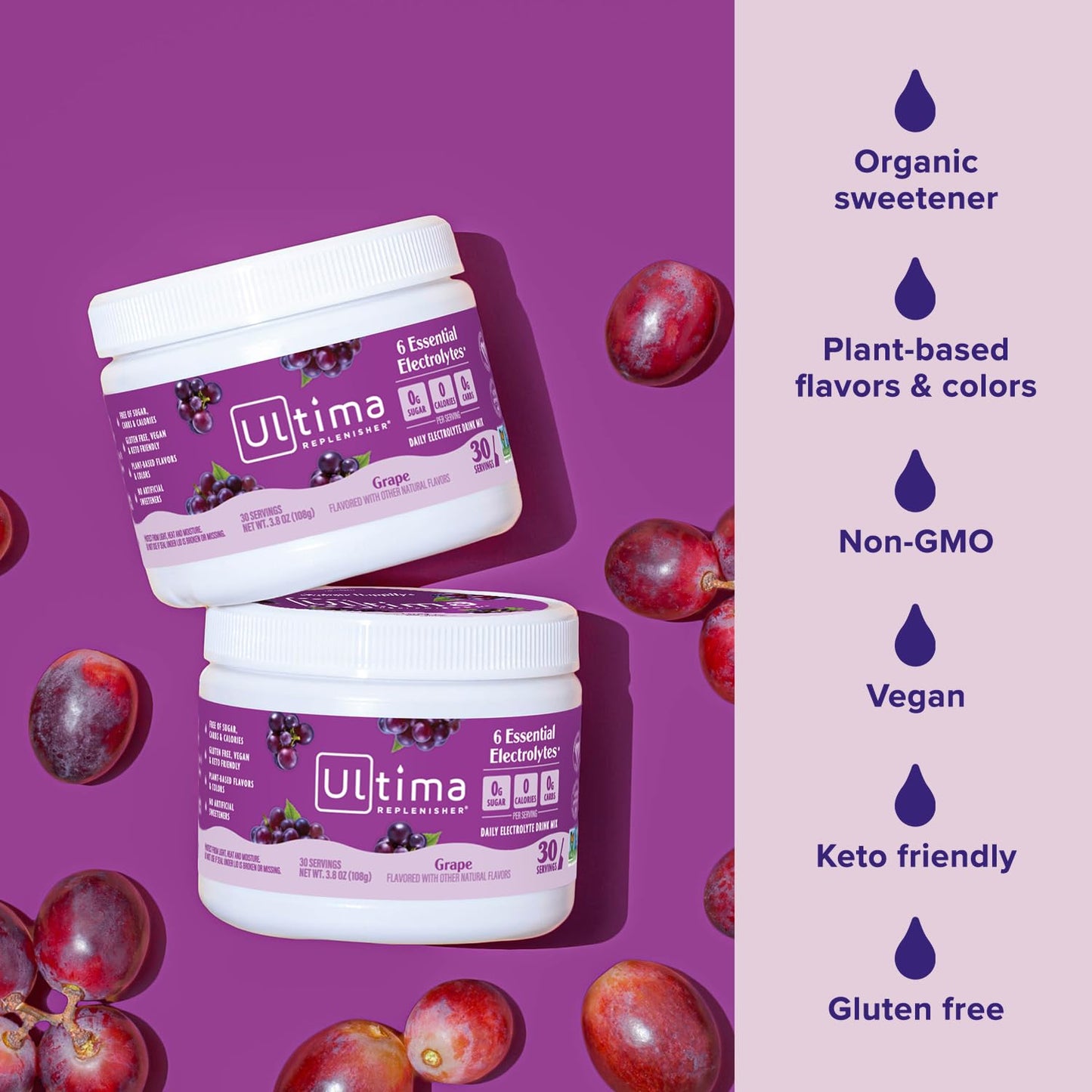 Ultima Replenisher Daily Electrolyte Powder Drink Mix - Grape, 30 Servings - Hydration Powder with 6 Key Electrolytes and Trace Minerals - Keto Friendly, Vegan, Non-GMO and Sugar-Free