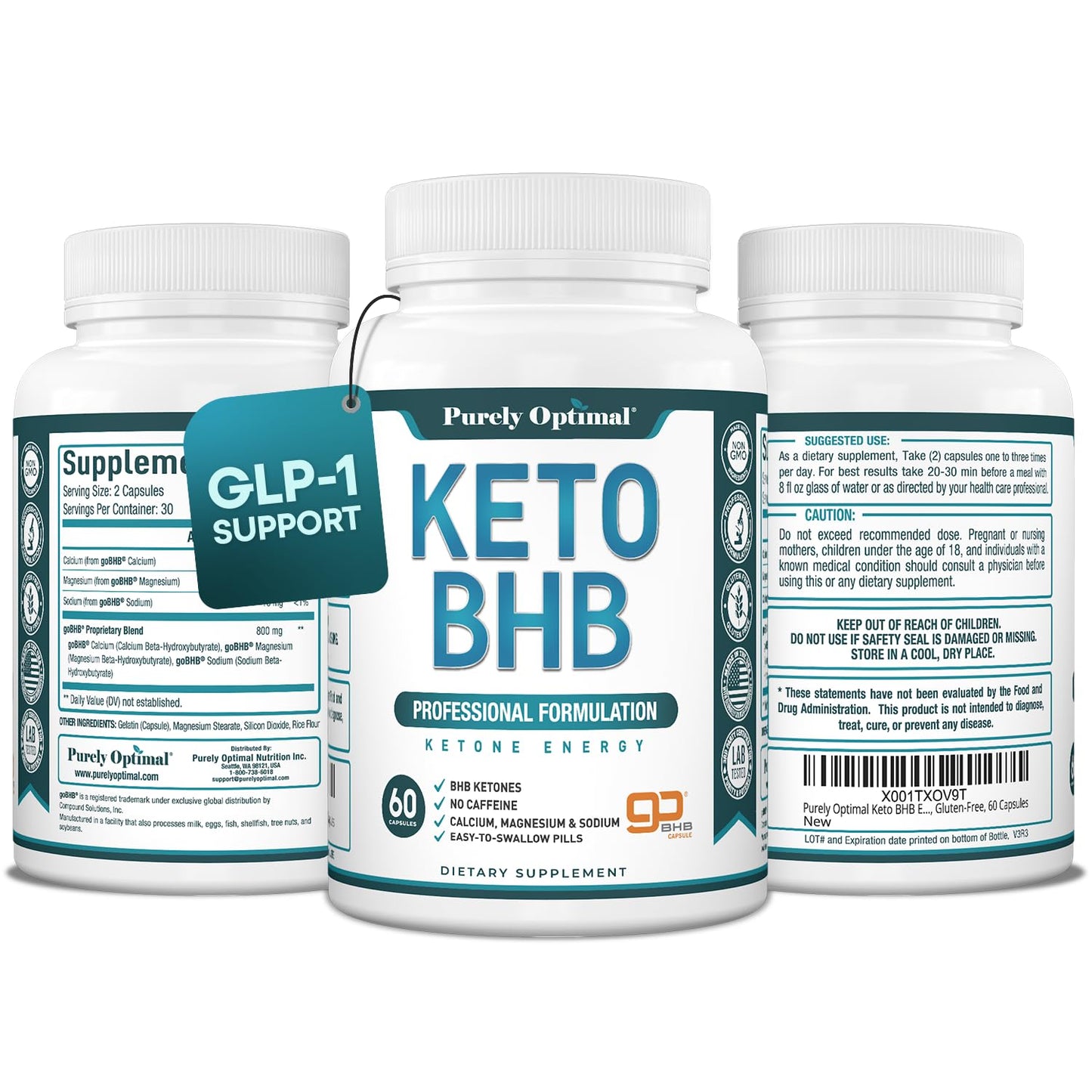 Purely Optimal Keto BHB Exogenous Ketones Supplement - Keto Diet Pills for Ketosis, Energy, Focus, Metabolism - for Women and Men (60 Capsules)