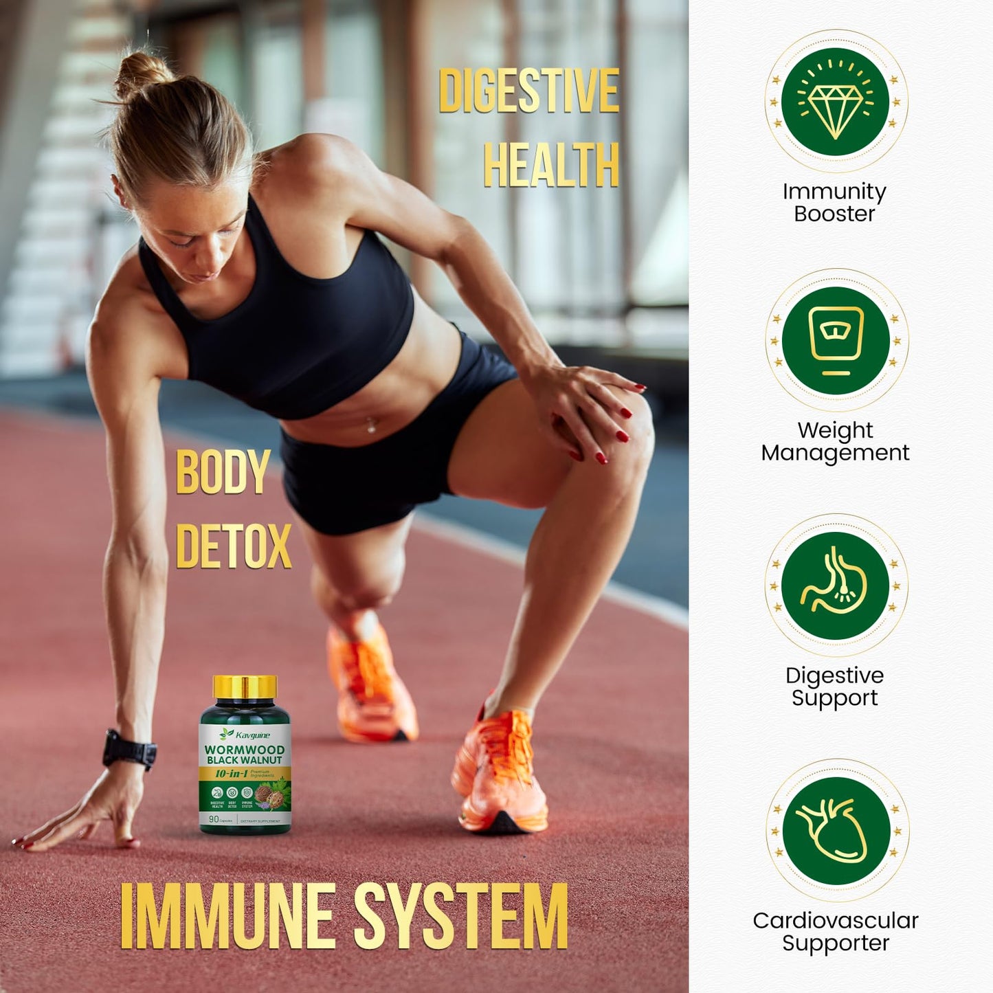 Kavguine,10 in 1 Wormwood Capsules, Black Walnut Hulls Cloves Black Pepper urmeric Curcumin Root Peppermint Leaf, DIigestive Health, Body Detox, 90 Capsules