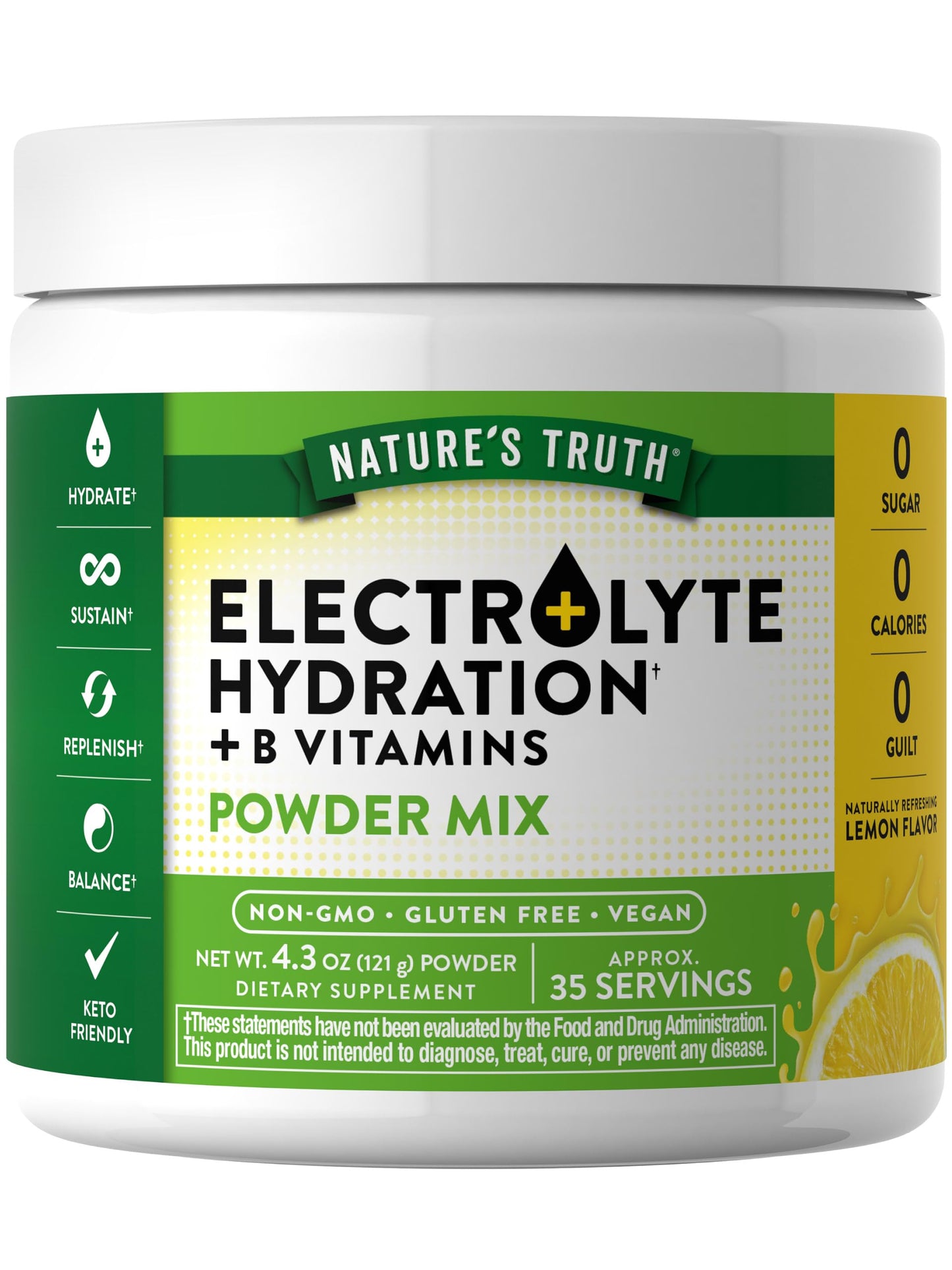 Nature's Truth Electrolytes Powder | No Sugar | Vegan, Non-GMO & Gluten Free Supplement for Hydration | with B Vitamins | Refreshing Lemon Flavor