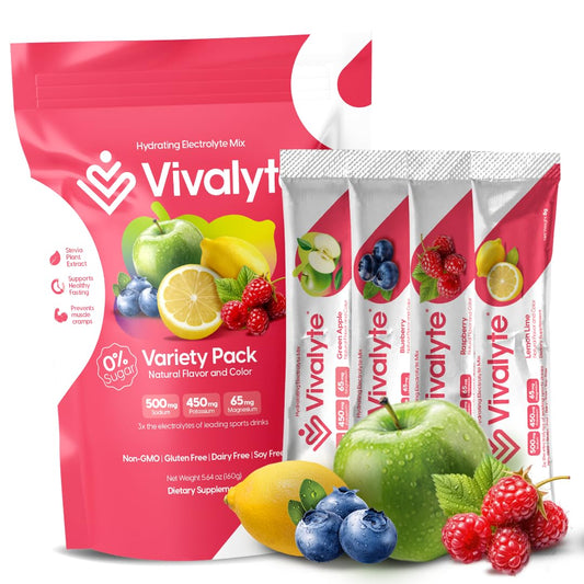 Vivalyte Electrolyte Powder No Sugar Stevia Sweetened 100% Natural Hydration Packets - 20 Count | Sodium, Potassium Citrate & Magnesium L-Threonate (5.64, Variety Pack)