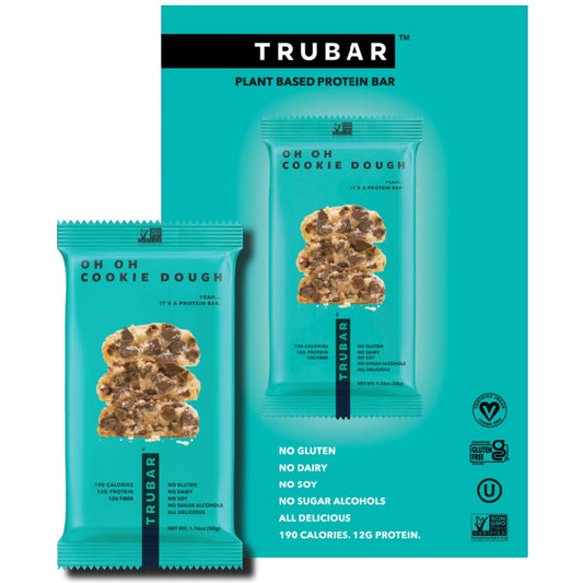 TRUBAR Vegan Protein Bar Oh Oh Cookie Dough Gluten Free Plant Based Protein Dairy Free Non GMO Soy Free No Sugar Alcohols 12G Protein 13G Fiber 23G Carb Healthy on the Go Snack Bars 12 CT