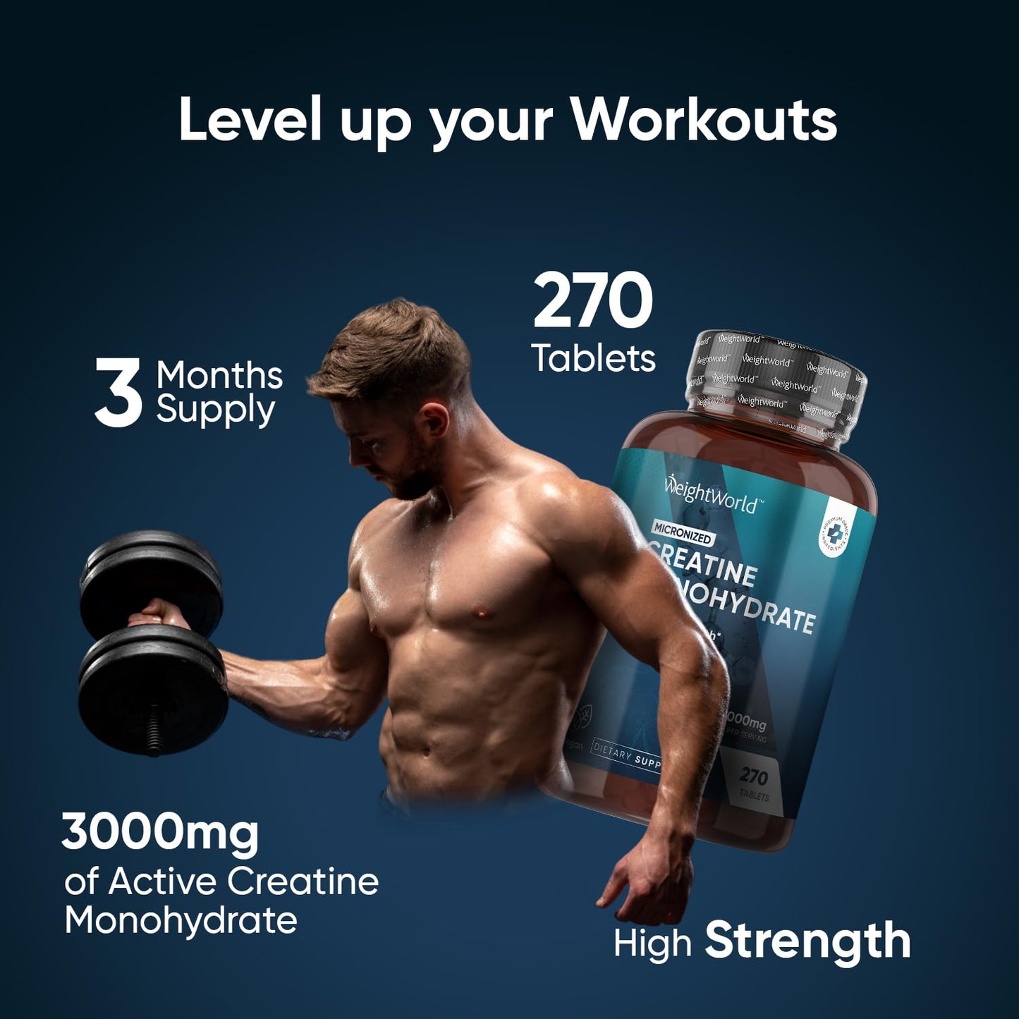WeightWorld Creatine Monohydrate 3000mg - 270 Vegan Tablets (3 Months Supply) - 90 Servings - for Muscle Strength & Recovery - Micronized Creatine Monohydrate for Women & Men - Gluten-Free