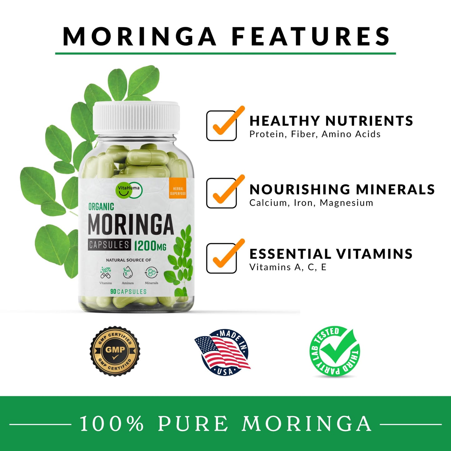 VitaHuma Organic Moringa, Nutrient-Dense Antioxidant Support with Vitamin C, A, E, Calcium, Potassium, Iron, Magnesium, Protein & Amino Acids for Hydration & Energy, Vegan, 1200 MG Per Serving, 90 CT