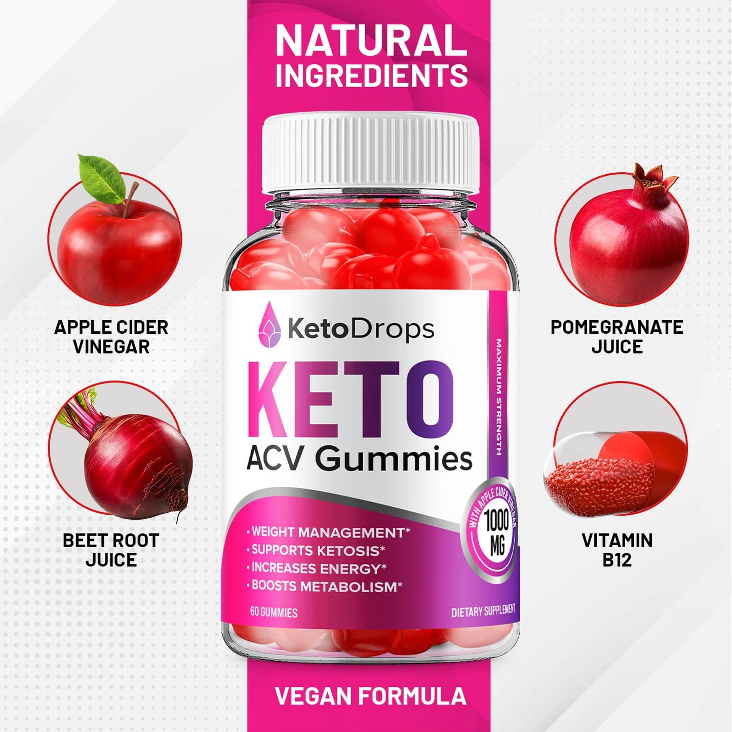 Keto Drops ACV Gummies - Advanced Formula Drops Keto Plus ACV Gummies Apple Cider Vinegar, Weight Management, ACV Dietary Supplement Men Women (60 Gummies)