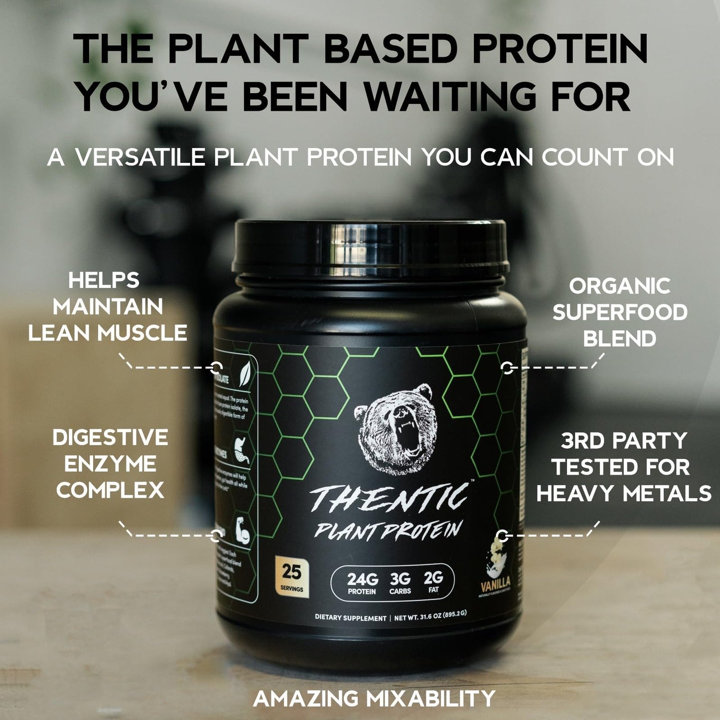 THENTIC Plant Based Protein Powder - Non Dairy Vegan Protein, Zero Artificial Ingredients, Soy&Gluten Free,No Added Sugar, 5.8g BCAA,Digestive Enzymes,Organic Superfoods.25 Servings (Vanilla) 1.9 lb