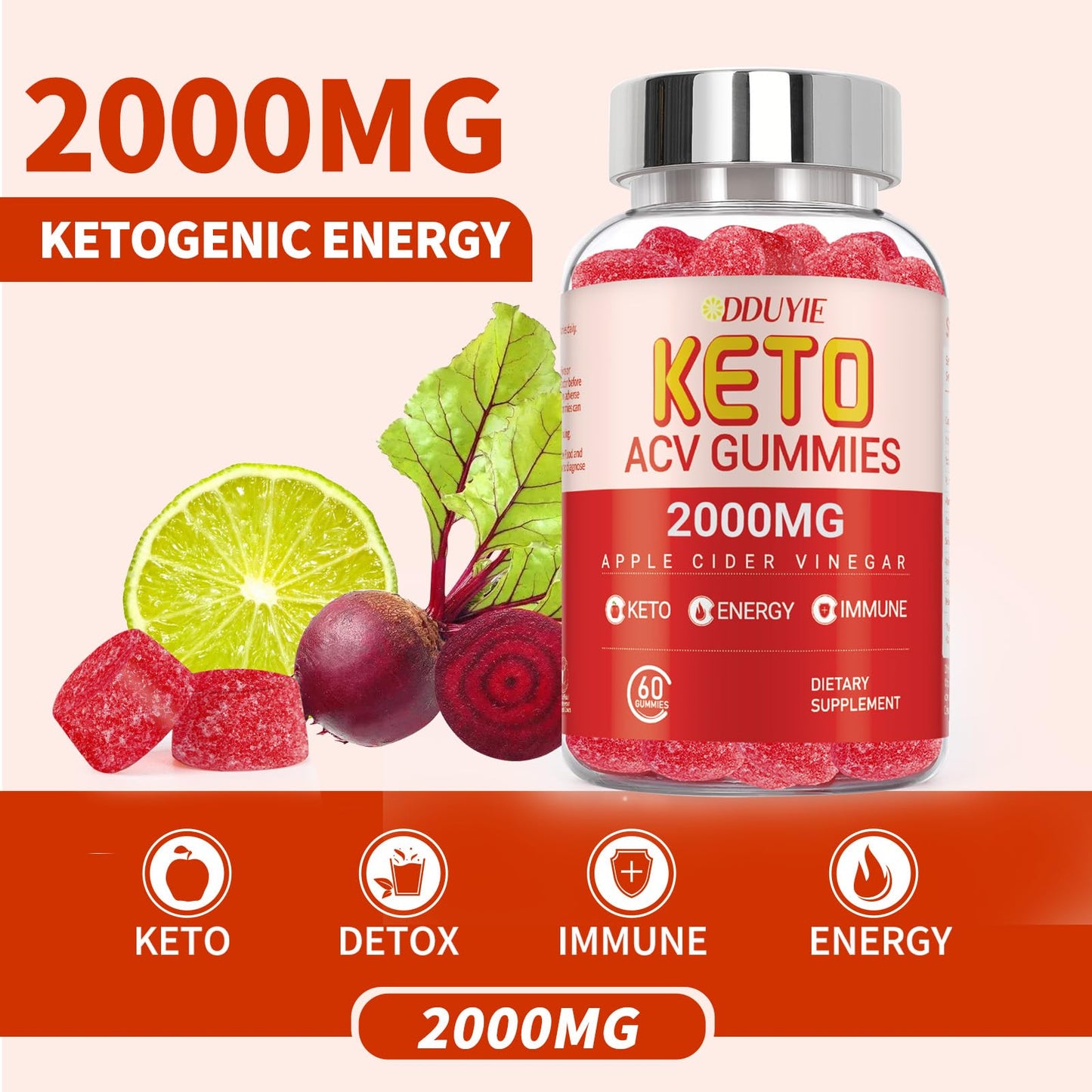DDUYIE Keto Acv Gummies - Apple Cider Vinegar Gummies Diet Supplement for Men Women - with Pomegranate Beet Juice Powder - 60 Vegan