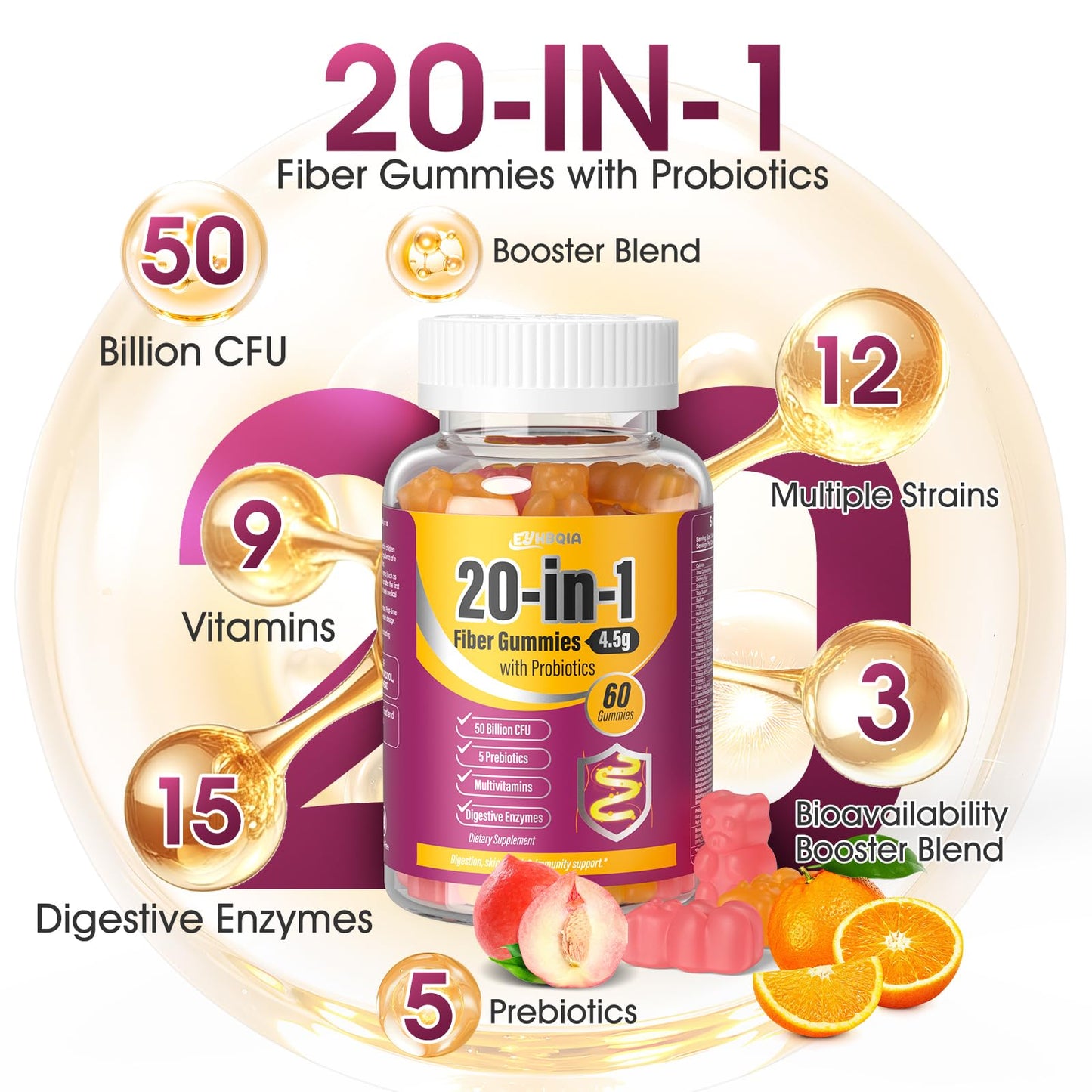 EYHBQIA Fiber Supplement 20-in-1, Fiber Gummies for Adults, 50 Billion CFU Probiotic & Prebiotic Supplement with Inulin, Psyllium, Support for Gut & Digestive Health, 60-Count, Peach & Orange