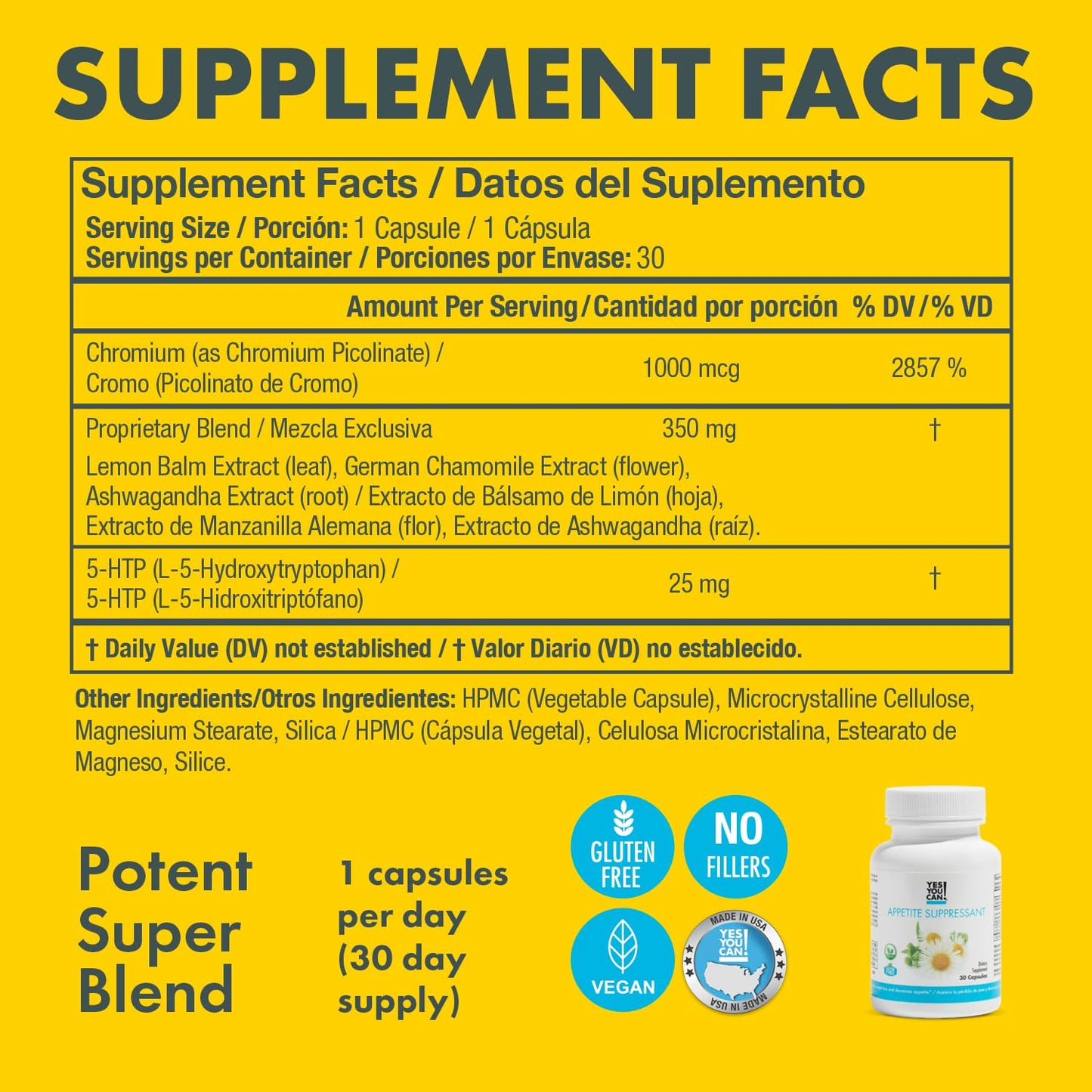 Yes You Can! Appetite Support for Body Weight Management - Healthy Relationship with Food - Includes Natural Ingredients: 5-HTP, Lemon Balm, Chamomile Extract - 30 Capsules, 1 Pack