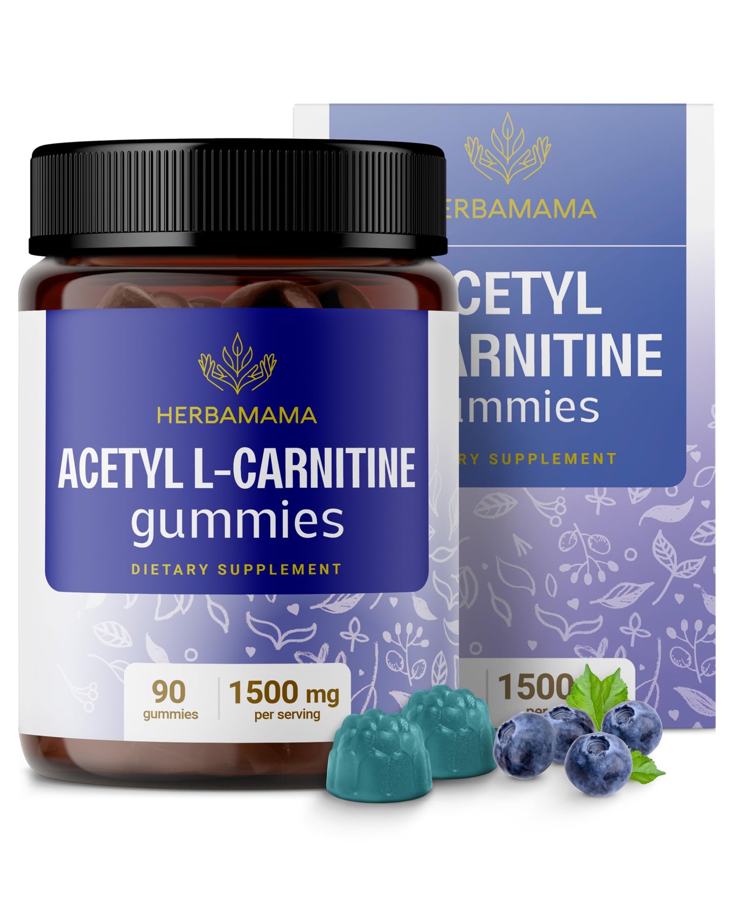 HERBAMAMA Acetyl L-Carnitine 1500mg Gummies - ALCAR Supplement for Energy & Focus Support - Vegan, Non-GMO, 90 Pectin-Based Blueberry-Flavored Chews