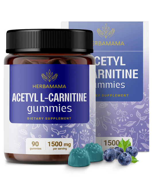 HERBAMAMA Acetyl L-Carnitine 1500mg Gummies - ALCAR Supplement for Energy & Focus Support - Vegan, Non-GMO, 90 Pectin-Based Blueberry-Flavored Chews
