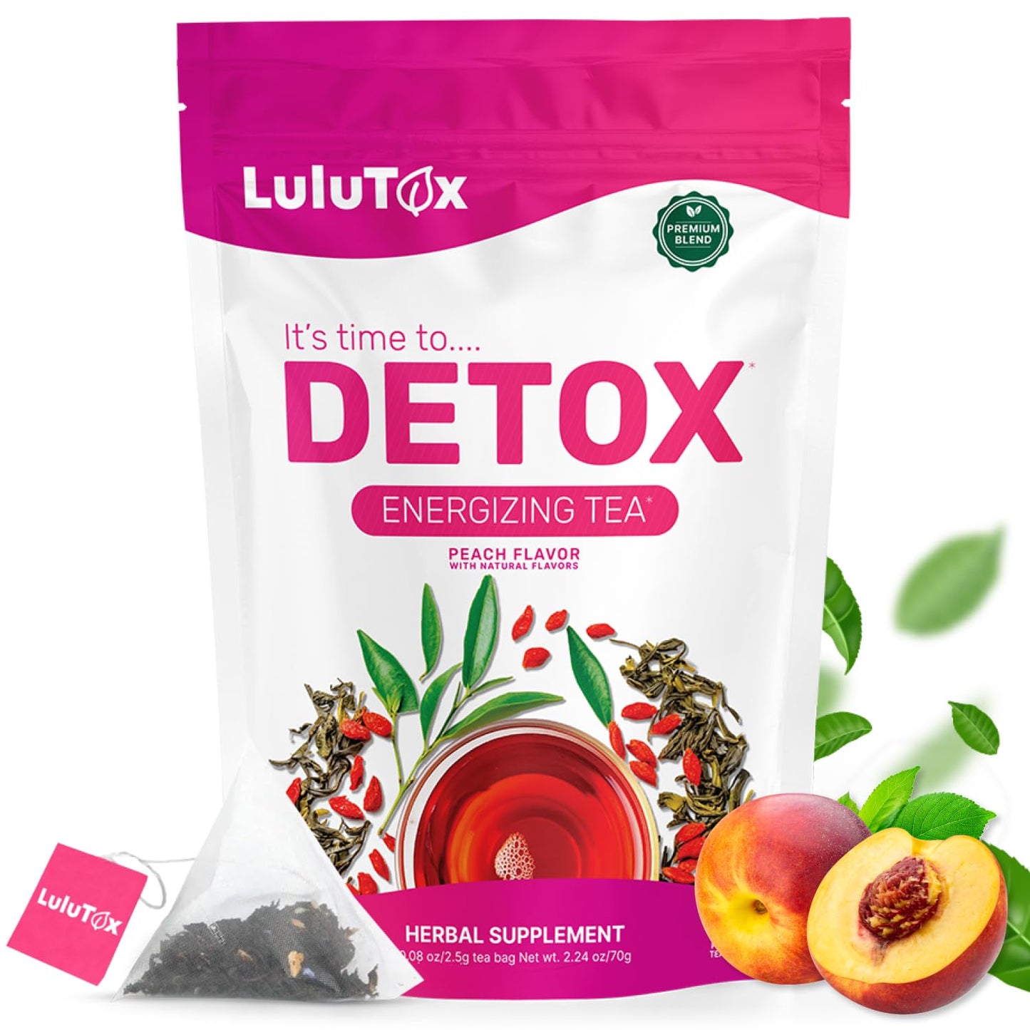 LULUTOX Detox Tea - Slimming Tea with Dandelion and Ginseng to Support Goals for Detox Cleanse, Flat Belly, Bloating, Healthy Weight and Digestive Health - Women & Men - Peach Flavor (28 Servings)