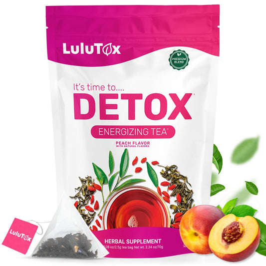 LULUTOX Detox Tea - Slimming Tea with Dandelion and Ginseng to Support Goals for Detox Cleanse, Flat Belly, Bloating, Healthy Weight and Digestive Health - Women & Men - Peach Flavor (28 Servings)