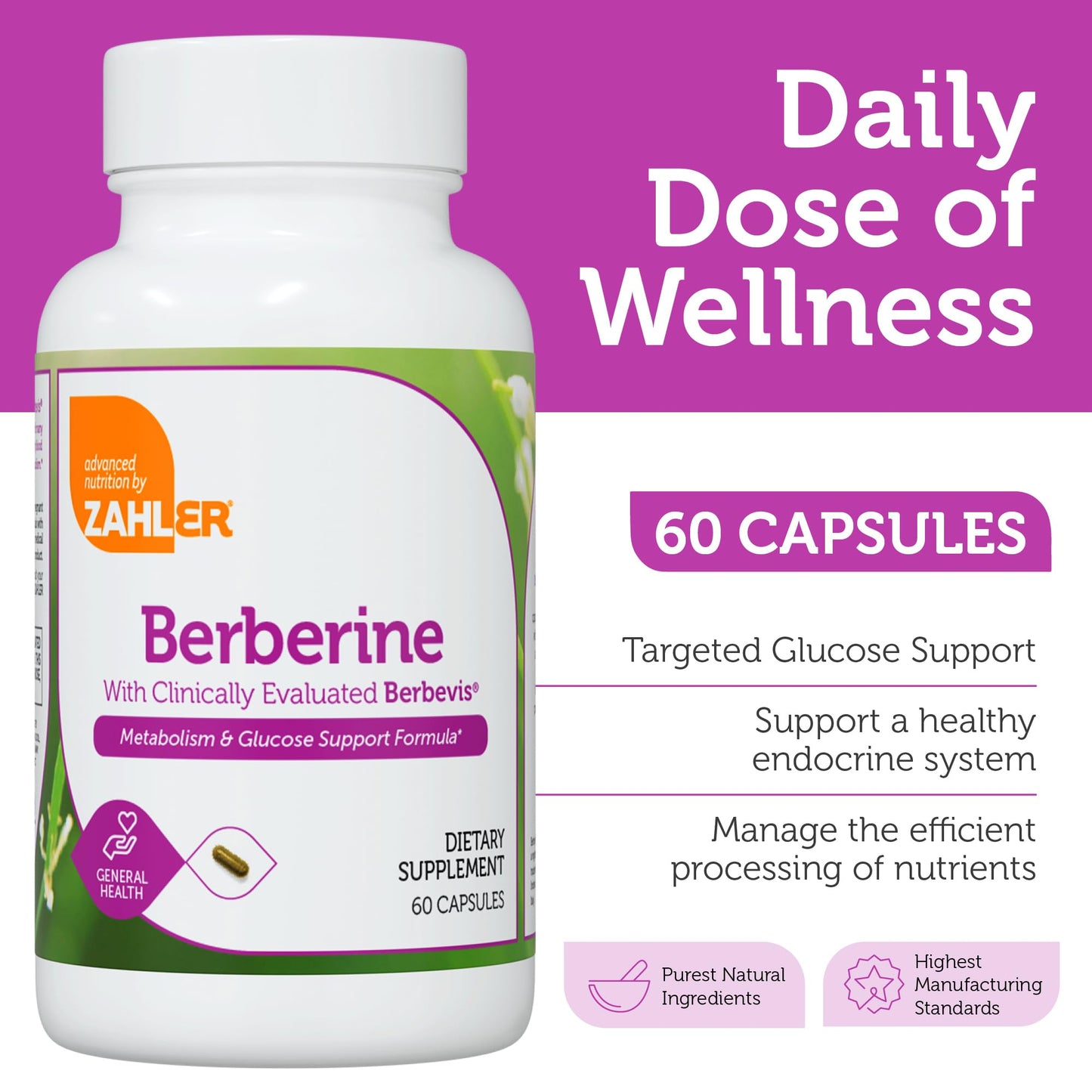 Berberine with Clinically Evaluated Berbevis, Metabolism and Glucos Support Formula, 60 Capsules.