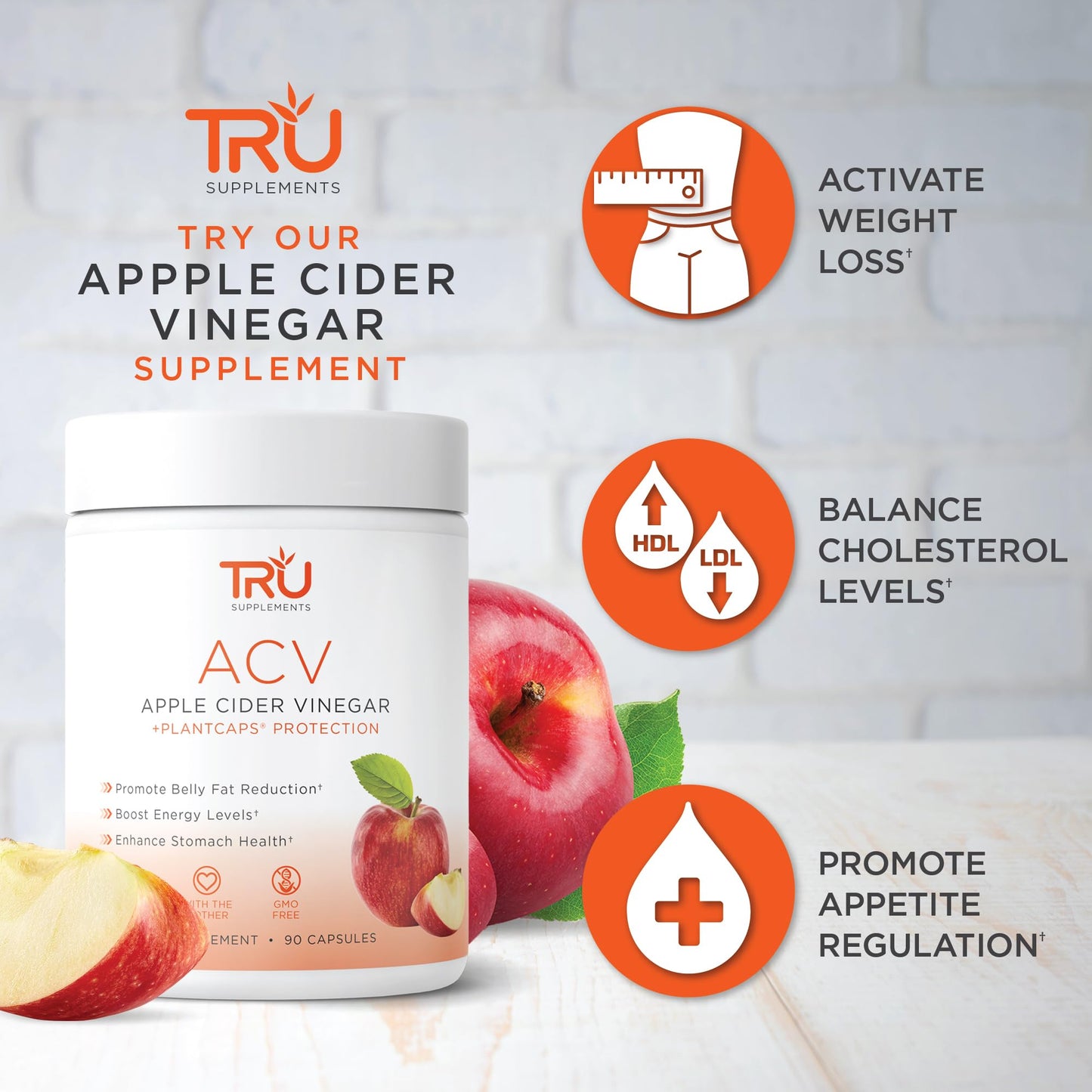TRU Supplements ACV, Apple Cider Vinegar, Organic ACV with The Mother, Improves Digestion and Skin Health, 45 Servings, 1000mg