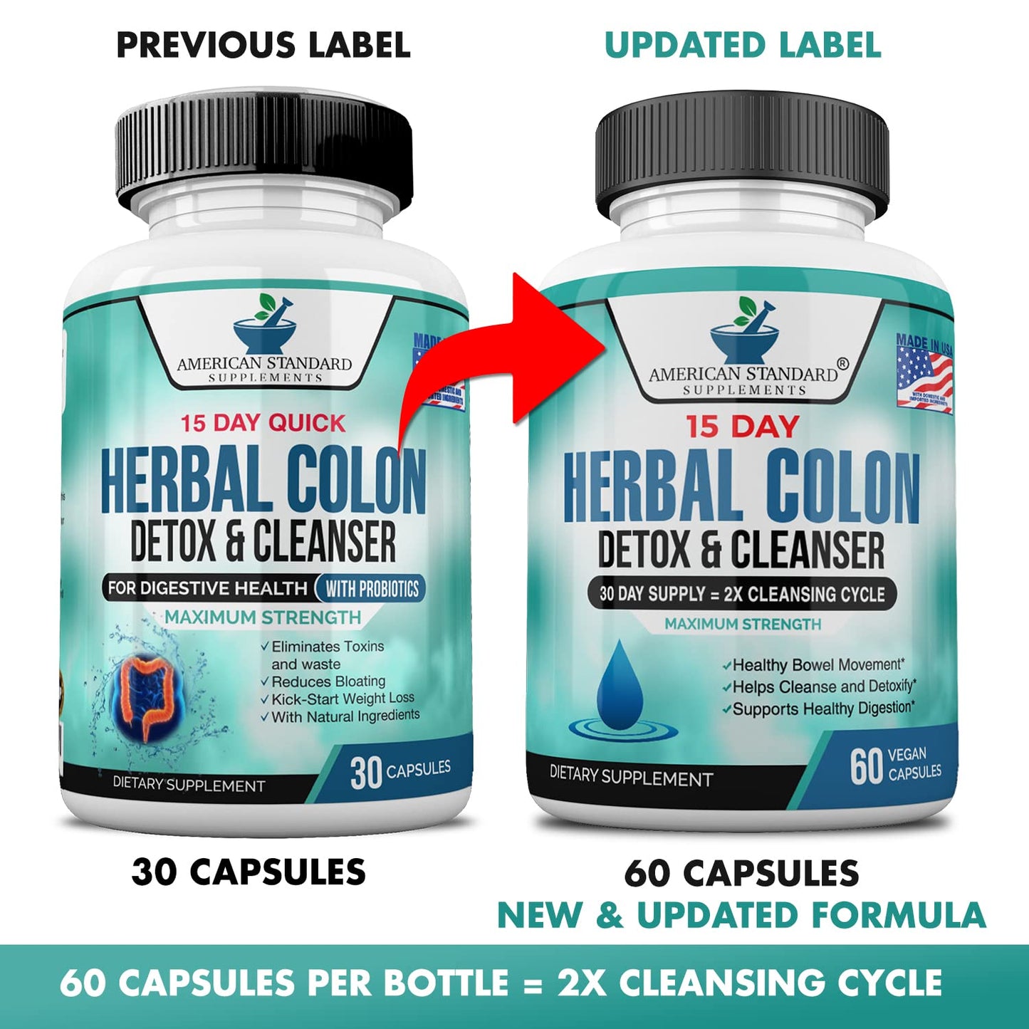 American Standard Supplements Colon Cleanse - 60 Veggie Capsules, 30 Servings - Herbal Blend with Psyllium Husk, Senna Leaves, Aloe Vera, Ginger, Cascara Sagrada & More