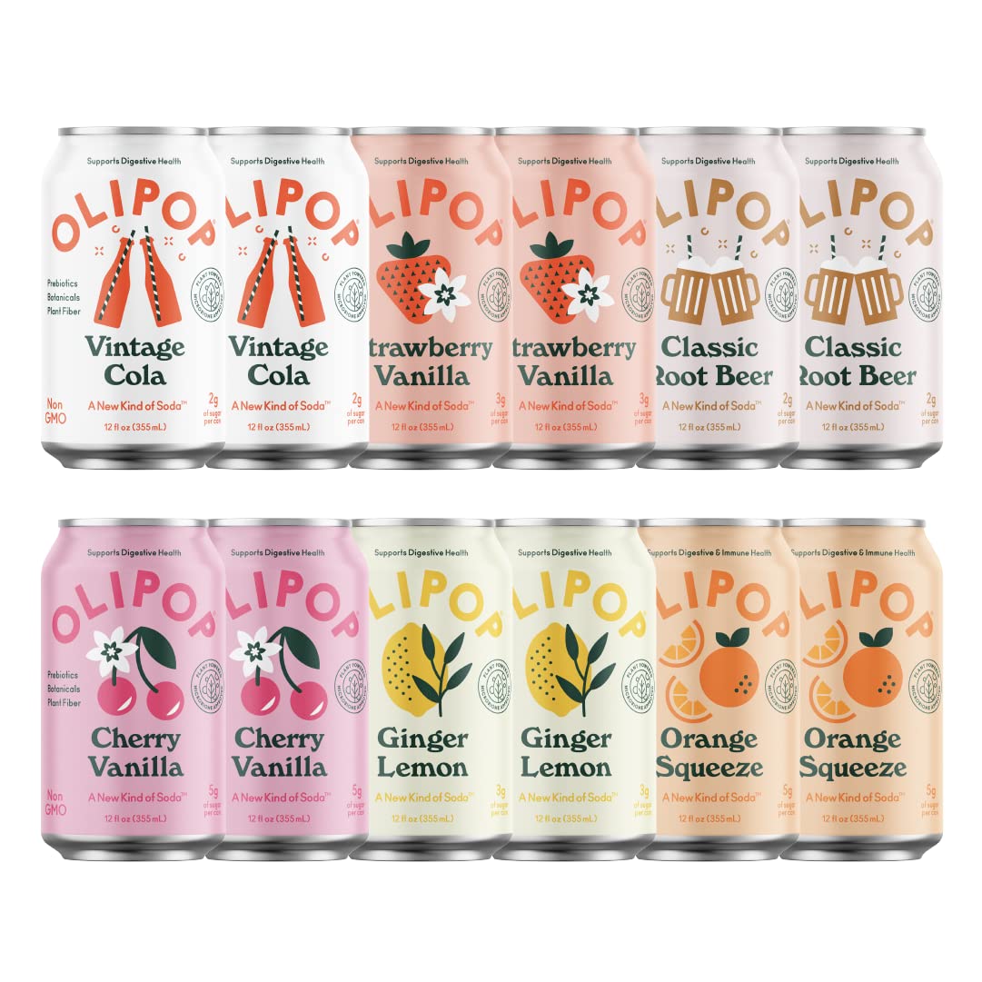 OLIPOP  The Sampler 6Flavor Soda Variety Pack Healthy Soda Prebiotic Soft Drinks Supports Digestive Health  Gut Health High Fiber Low Calorie Low Sugar Vegan 12 oz 12Pack