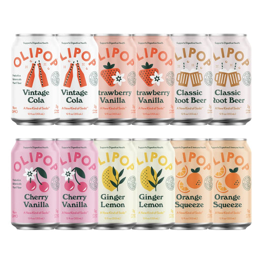 OLIPOP  The Sampler 6Flavor Soda Variety Pack Healthy Soda Prebiotic Soft Drinks Supports Digestive Health  Gut Health High Fiber Low Calorie Low Sugar Vegan 12 oz 12Pack