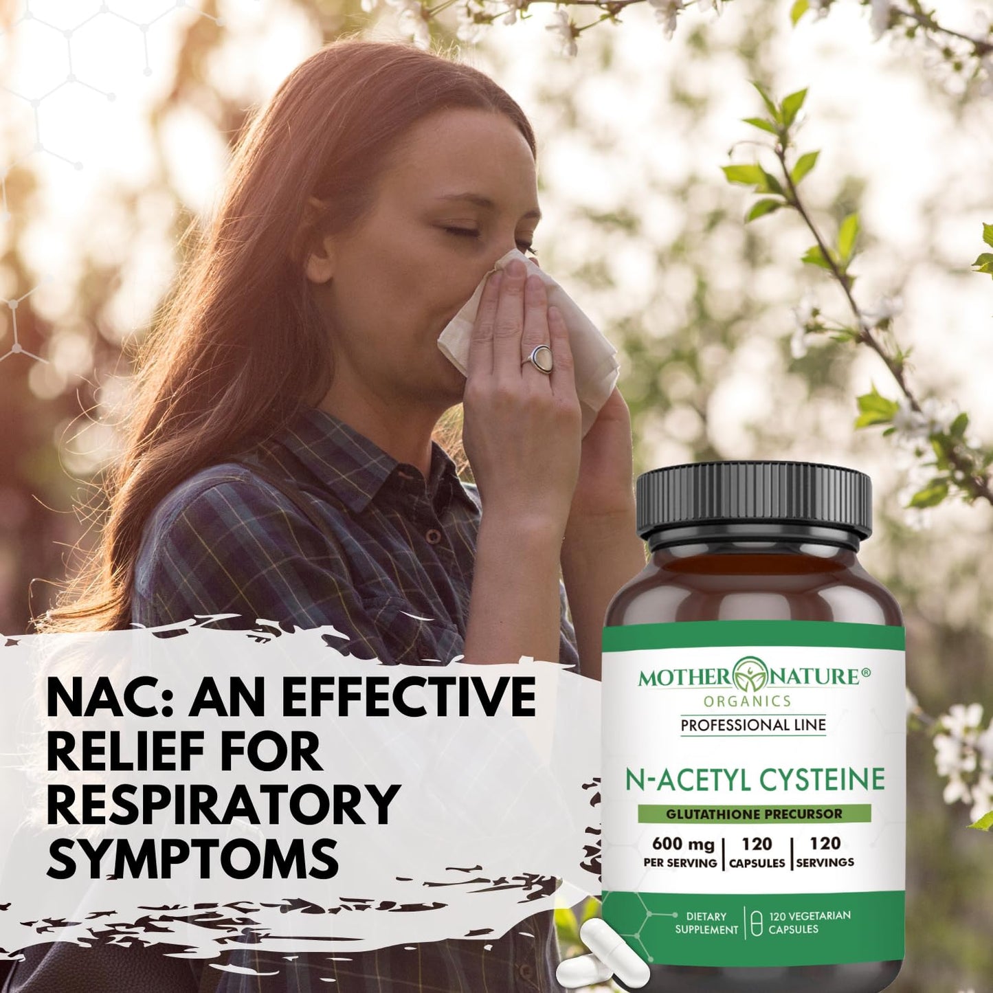 Mother Nature Organics NAC 600mg - N-Acetyl Cysteine Supplement for Glutathione Production, Liver & Lung Support, Immune & Respiratory Health, Antioxidant Detox for Heart & Brain Function - 120 Counts
