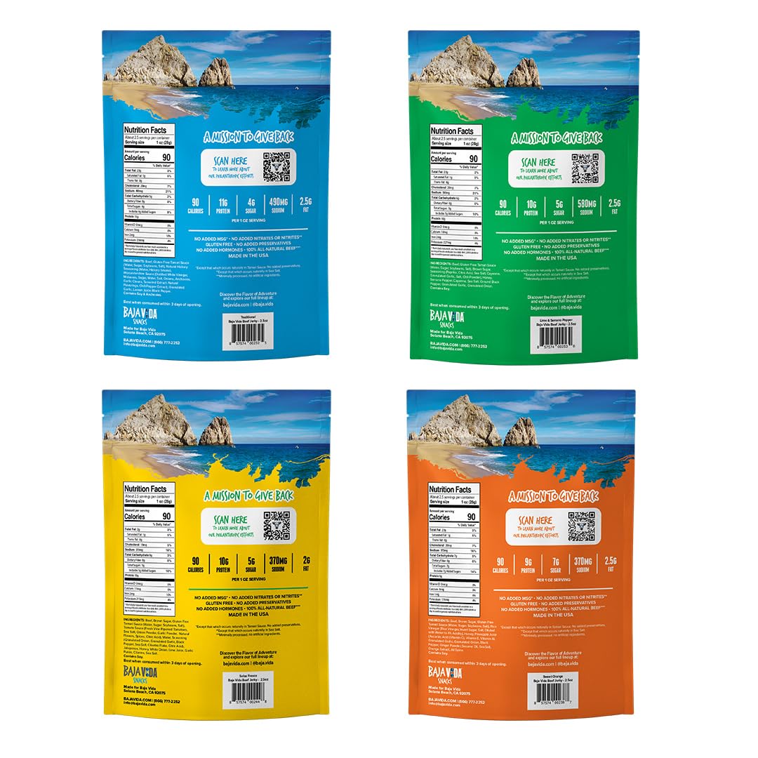 Baja Beef Jerky Snack Pack  Jerky Variety Pack Beef Jerky Gifts for Men Beef Jerky Sampler Craft Jerky Beef Jerky Assortment Gluten Free Jerky High Protein Jerky  25 Oz Bags Pack of 4