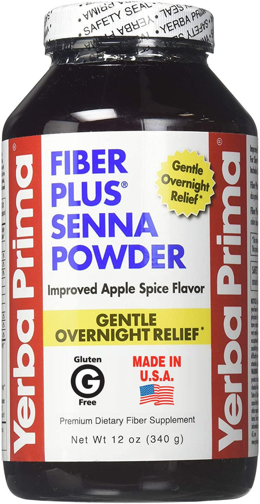 Yerba Prima Fiber Plus Senna Powder, 12 Ounce - for Short-Term Use to Restore Regularity, Improved Apple Spice Flavor, Stevia Sweetened, Provides Gentle Overnight Relief