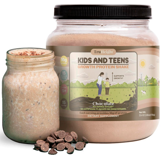 TruHeight Growth Protein Shake (Chocolate Milk Flavor, Whey) Natural Growth & Development Protein Powder for Kids & Teens - Weight Gain Drinks - Endorsed by Pediatricians, Picky Eater Vitamin, Ages 5+
