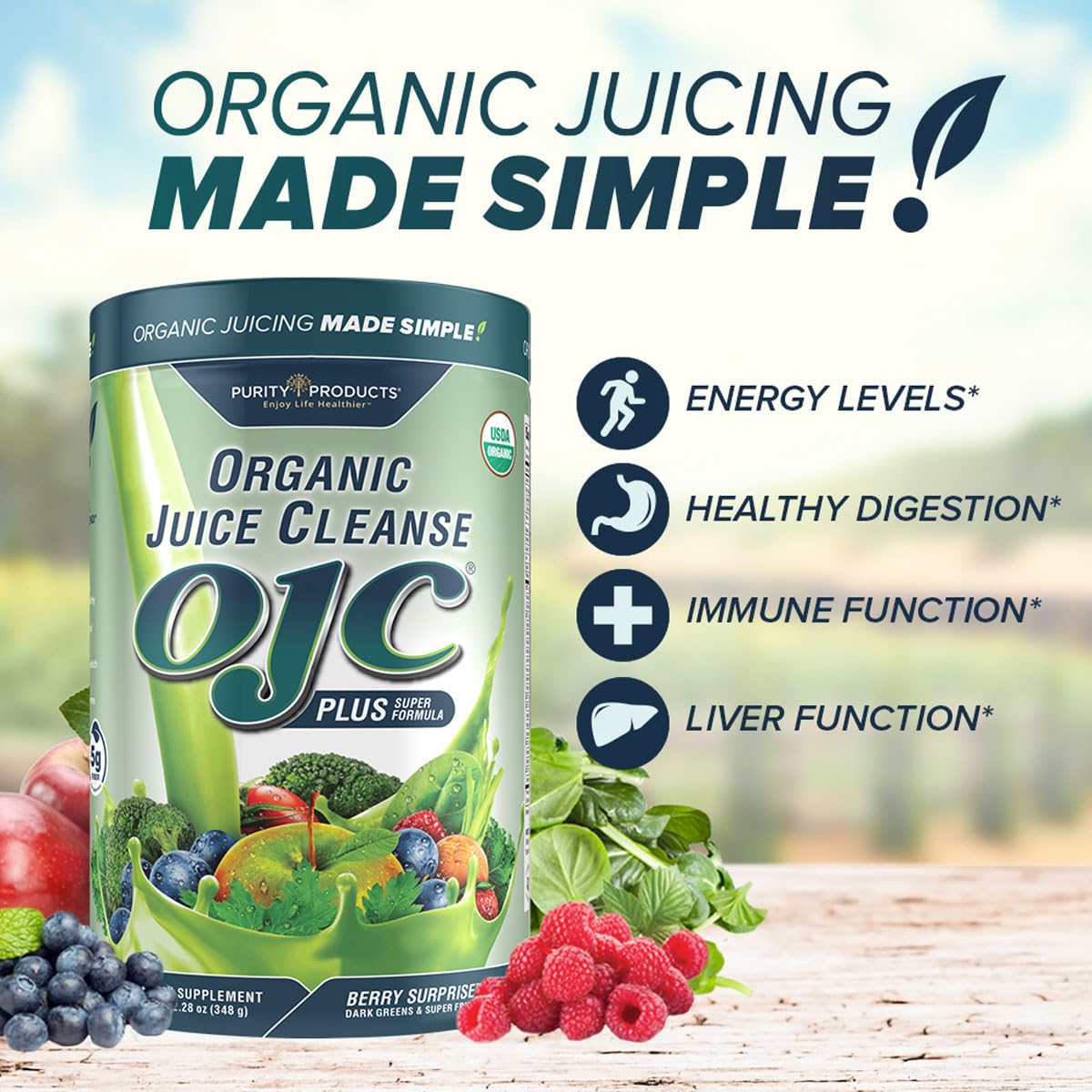 Certified Organic Juice Cleanse OJC Plus Berry Surprise - Purity Products - 30+ Organic Veggies and Fruits - 5 Grams of Fiber - Promotes Energy and Digestive Function - 12.28 oz - 348 g - 30 Servings
