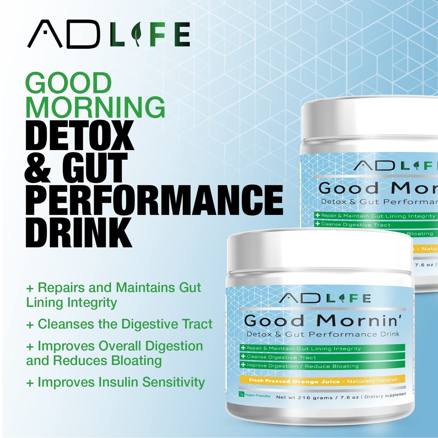 Project AD Life Good Morning Detox and Performance Drink, Naturally Flavored and Formulated with L-GLutamine, Apple Cider Vinegar, and Aloe Vera (24 Servings, Fresh Pressed Orange Juice)