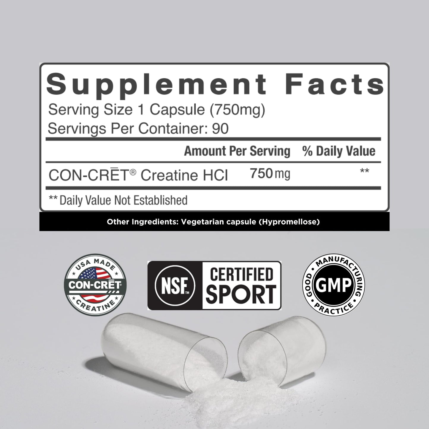 CON-CRET Creatine HCl Capsules | Muscle, Cognitive, Cellular Energy Support | No Bloating or Cramps | USA Made & NSF Certified | Creatine Pills (90 ct)