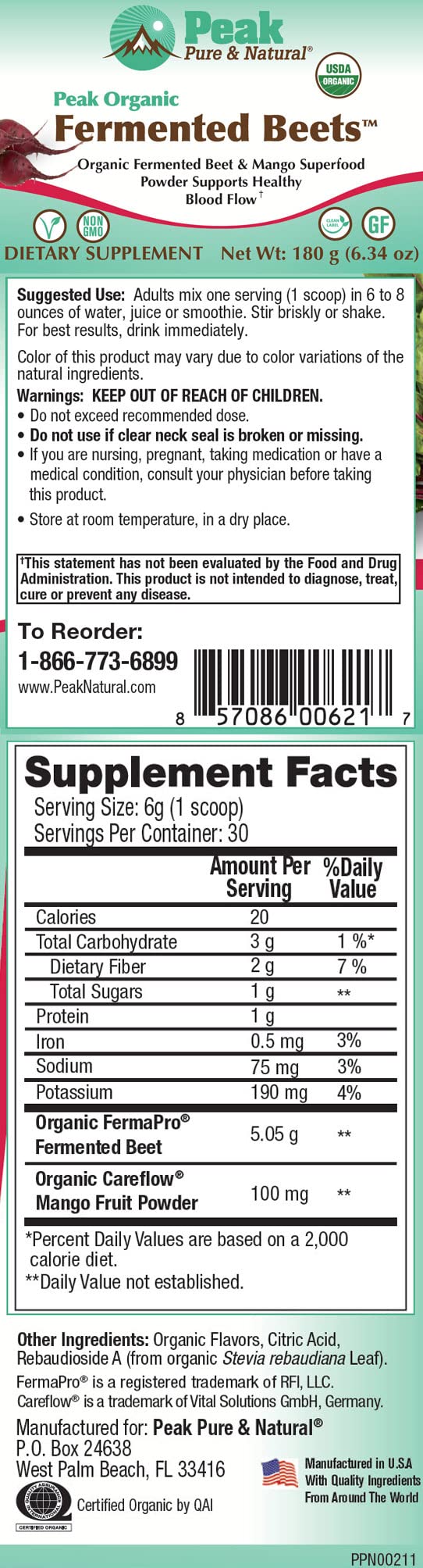 Peak Pure & Natural Peak Organic Fermented Beets - Organic Fermented Beet Powder Superfood Drink Powder - Nitric Oxide Supplement Support for Normal Blood Pressure