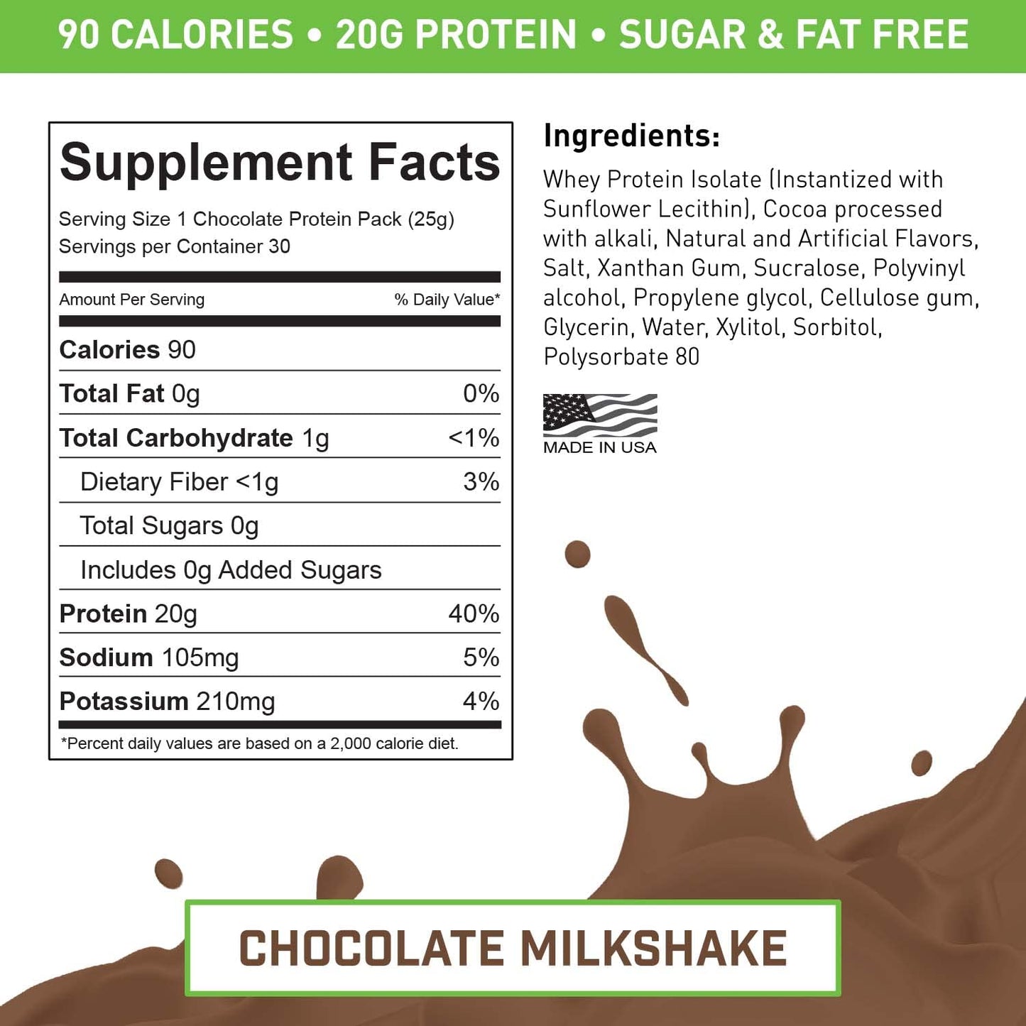 VADE Nutrition Dissolvable Protein Packs - 100% Whey Isolate Protein Powder Chocolate Milkshake - Low Carb, Low Calorie, Lactose Free, Sugar Free, Fat Free, Gluten Free - 30 Packets to Go