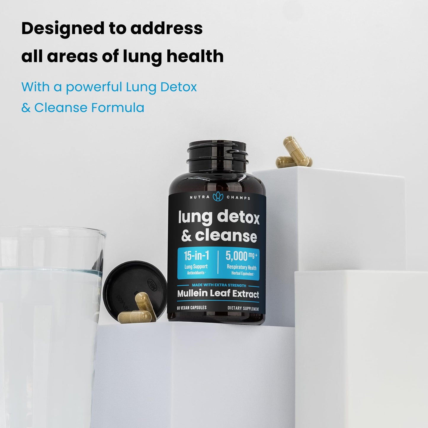 NutraChamps Lung Detox & Cleanse, Mullein Leaf Capsules, 15-in-1 Lung Health Formula for Respiratory, 10:1 Mullein Leaf Extract (3000mg Equivalent), Vegan Lung Support Supplement