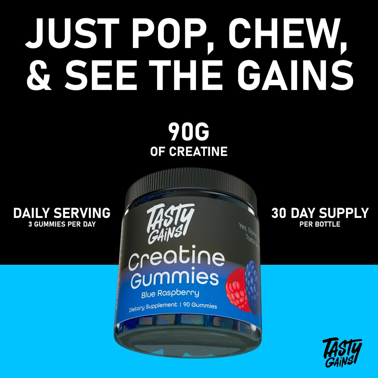 TASTY GAINS Creatine Infused Gummies, 90g of Creatine, Non-GMO, Vegan - Build Muscle & Boost Strength for Men & Women (1g Creatine Monohydrate Per Gummy) Made in USA