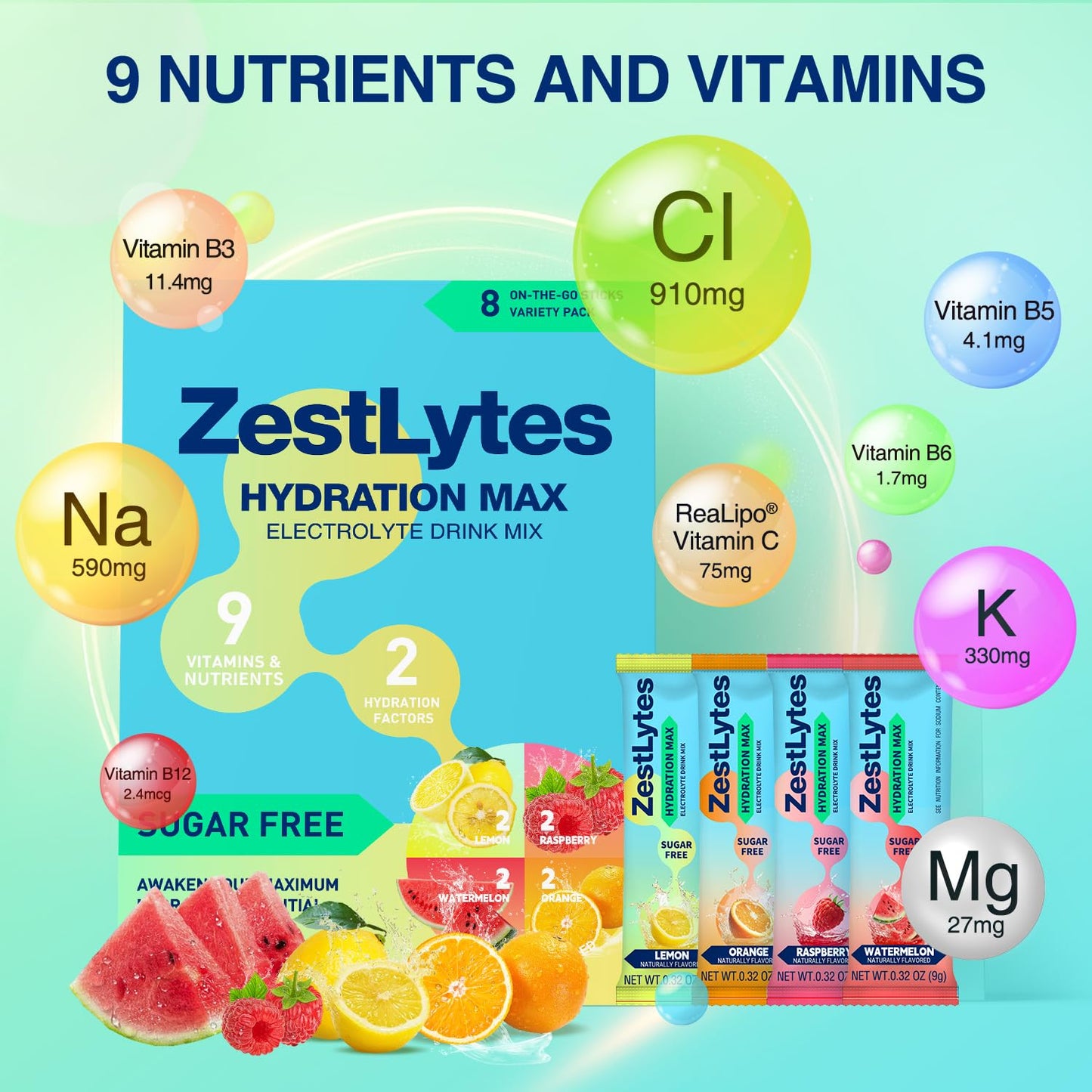 Salty Fruit Flavor Hydration Powder Packets, Electrolyte Powder Drink Mix, Liquid Everyday IV Drink Mix for Rehydration Max | Sugar Free | 9 Vitamins & Nutrients | 2 Hydration Factors | 8 Sticks
