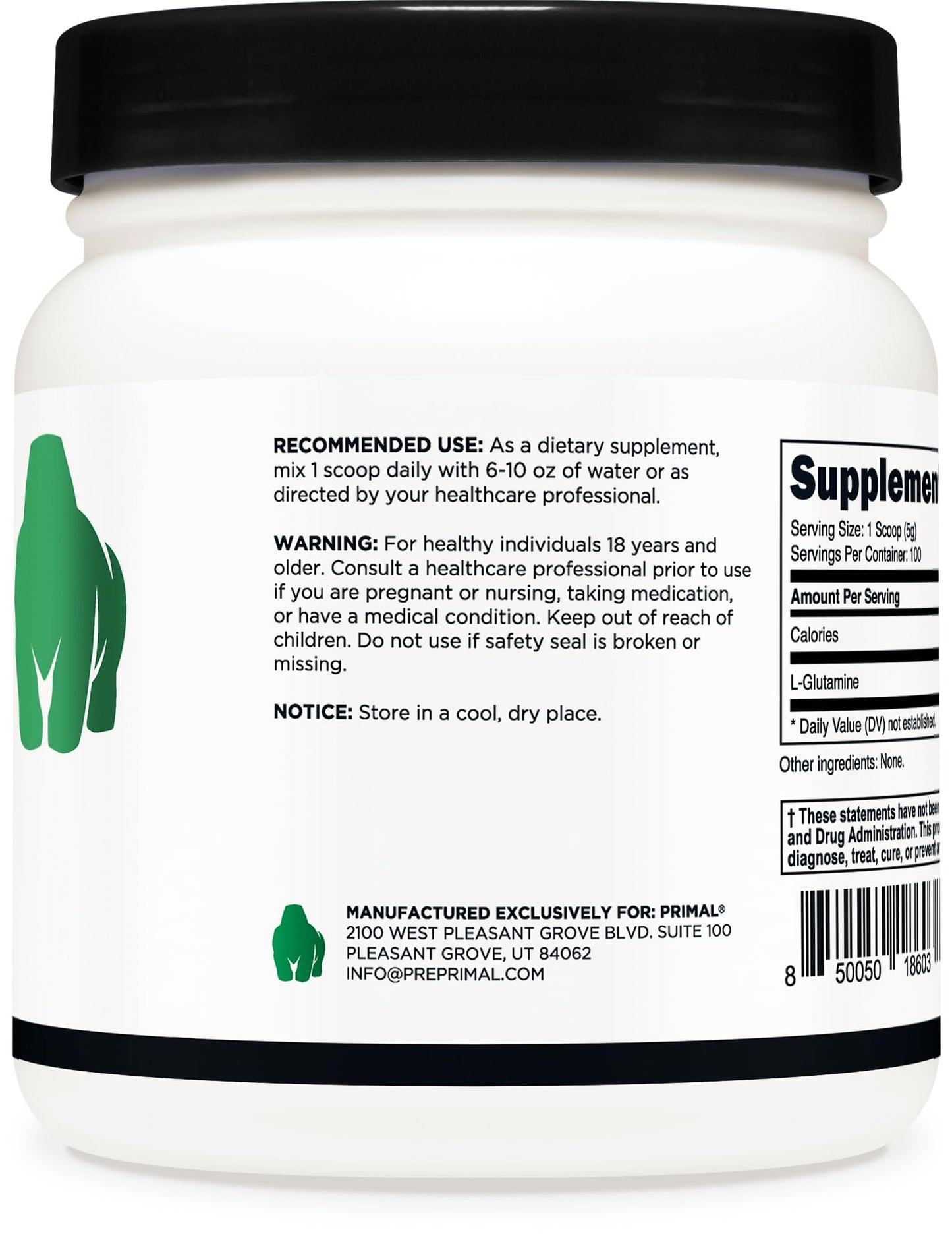 Primal L-Glutamine Powder (500 Grams, 100 Servings) | Pure Unflavored Glutamine Amino Acid for Sport & Workout Support and Performance - Gluten Free, Non-GMO Nutritional Supplement