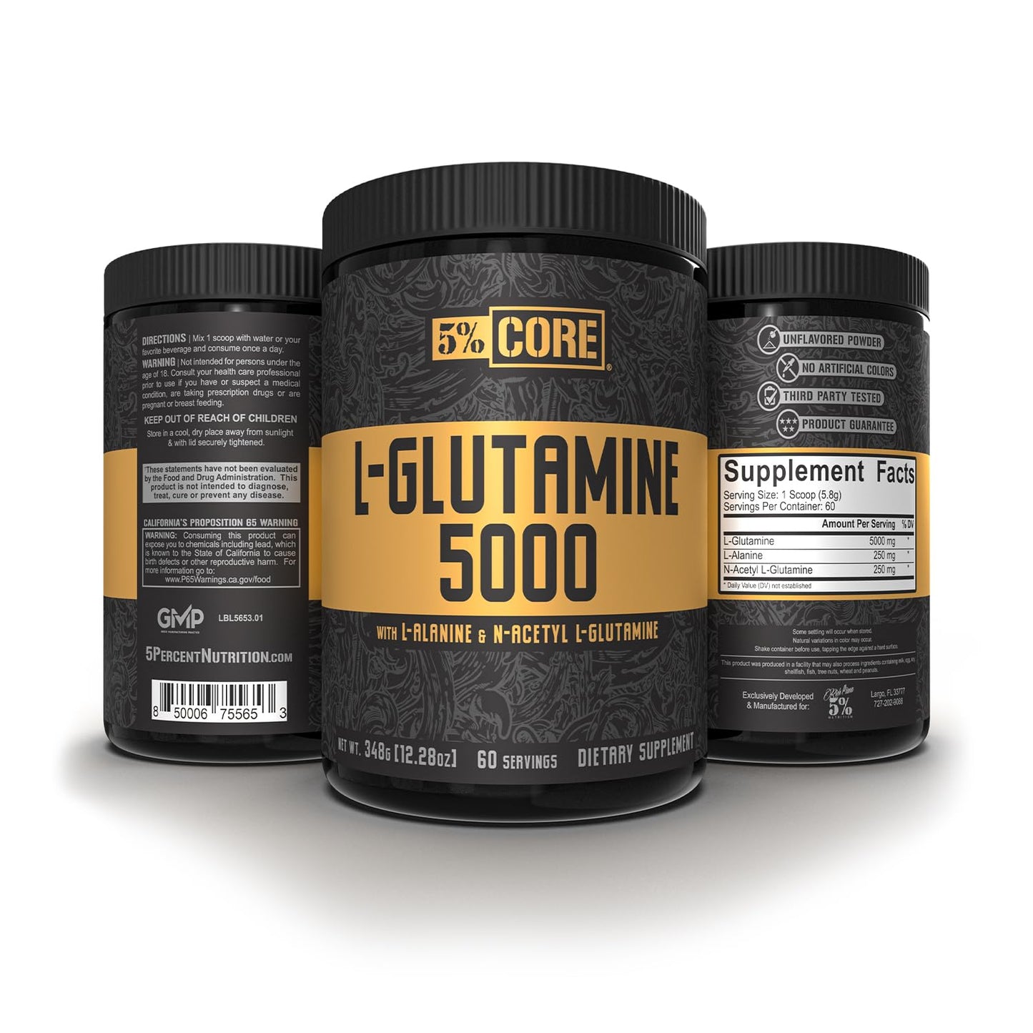 5% Nutrition Core L-Glutamine 5000 Supplement w/L-Alanine | Immune & Digestive Support | Amino Acid Muscle Builder Post Workout Recovery | Unflavored (60 Servings)