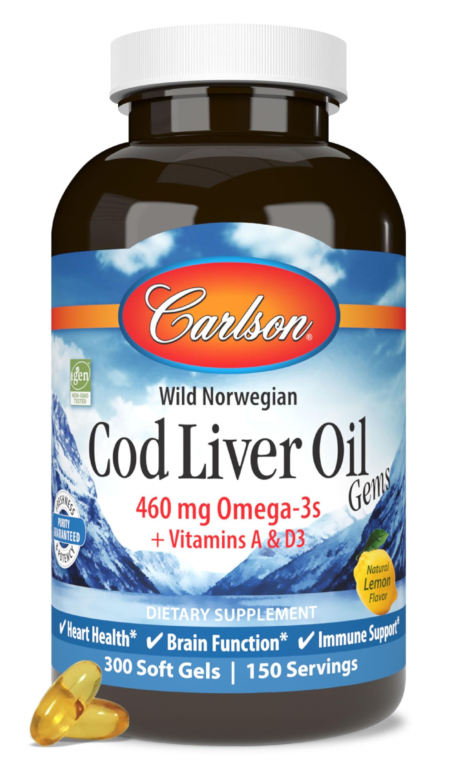 Carlson - Cod Liver Oil, 460 mg Omega-3s + Vitamins A & D3, Wild-Caught Norwegian Arctic Cod-Liver Oil, Sustainably Sourced Nordic Fish Oil Capsules, Lemon, 300 Softgels
