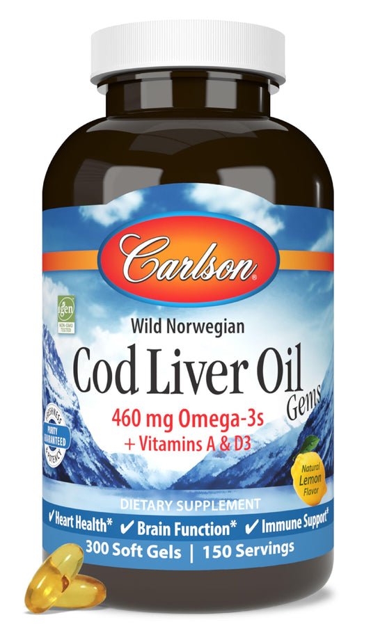 Carlson - Cod Liver Oil, 460 mg Omega-3s + Vitamins A & D3, Wild-Caught Norwegian Arctic Cod-Liver Oil, Sustainably Sourced Nordic Fish Oil Capsules, Lemon, 300 Softgels