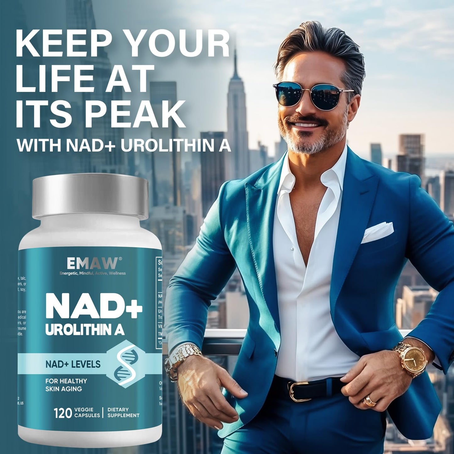 EMAW NAD+ Supplement 1500MG, 120 Capsules with Urolithin A 300MG, NMN Alternative Supports Anti Aging, Powerful Complex Blend for Cellular Repair & Brain Boost
