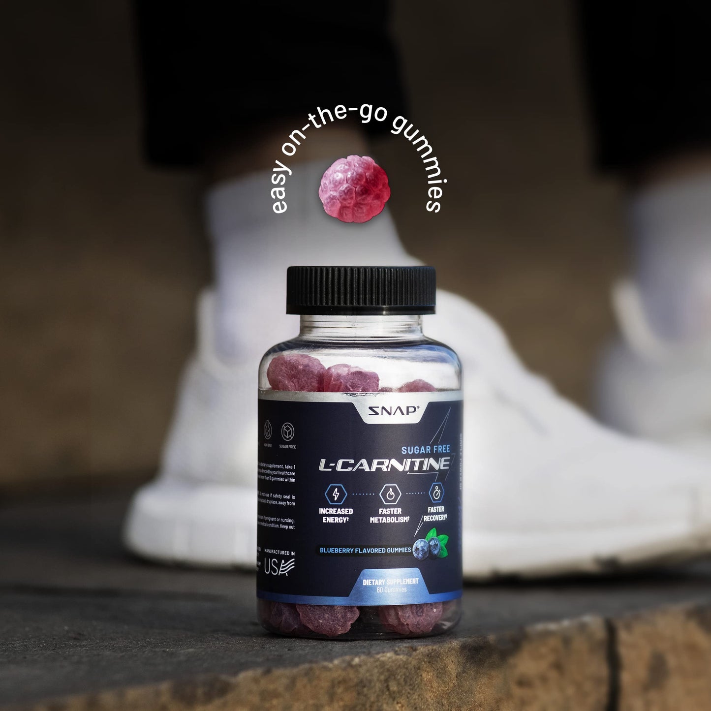 Sugar Free L Carnitine 500mg Gummy - Natural Pre Workout L-Carnitine Supplement - Increased Energy, Faster Recovery, Boost Metabolism, Pre Workout for Women & Men, Blueberry Flavor (60 Gummies)