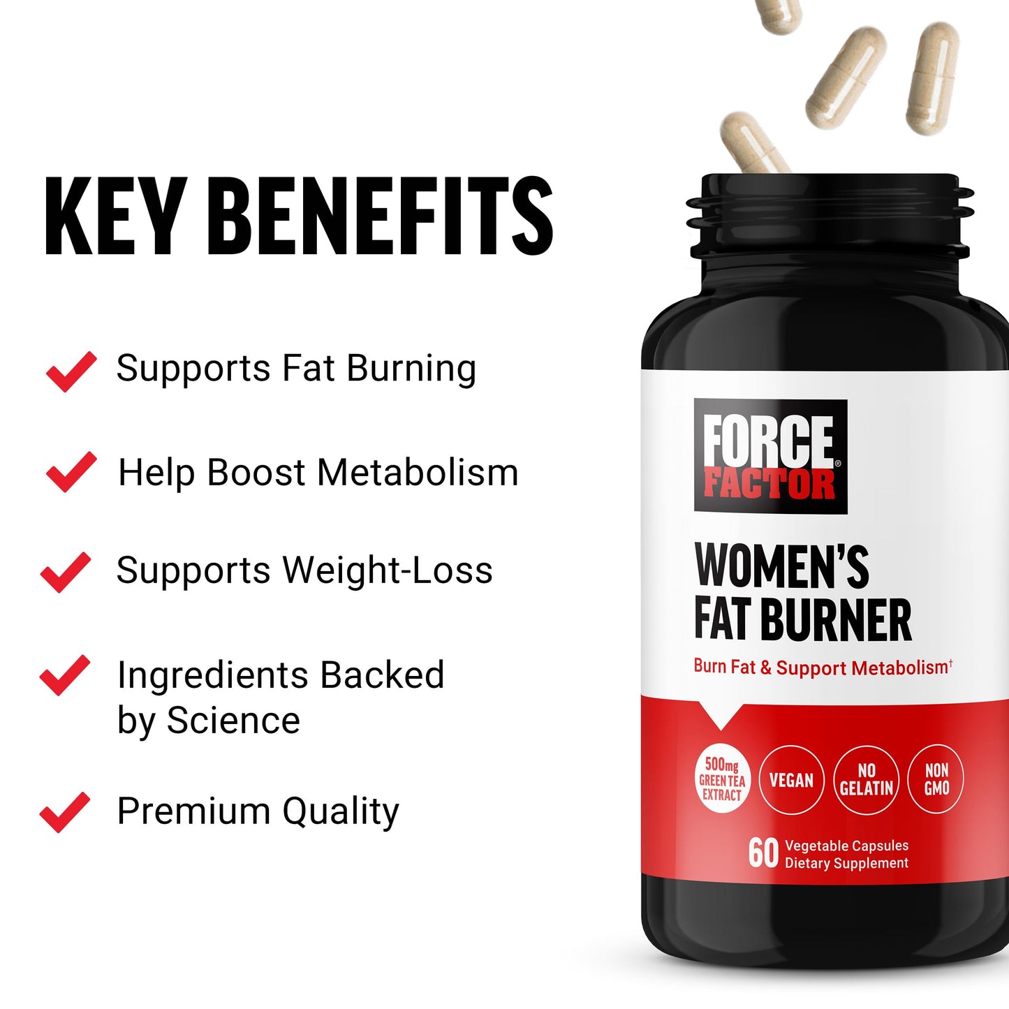 FORCE FACTOR Women’s Fat Burner, Metabolism Booster, and Weight-Loss Supplement Support, Green Tea Fat Burner Weight-Loss Pills to Help with Energy, Diet, and Exercise, Vegan, Non-GMO, 60 Capsules