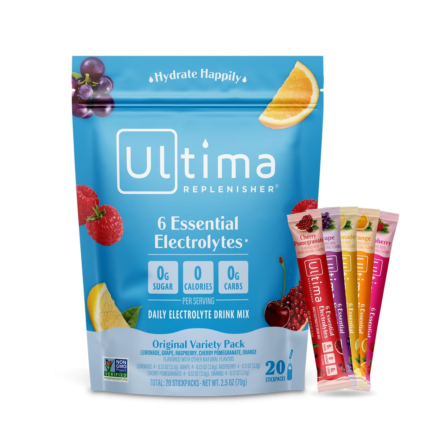 Ultima Replenisher Daily Electrolyte Powder Drink Mix - Original Variety, 20 Stickpacks - Hydration Packets with 6 Electrolytes and Minerals - Keto Friendly, Vegan, Non-GMO and Sugar-Free