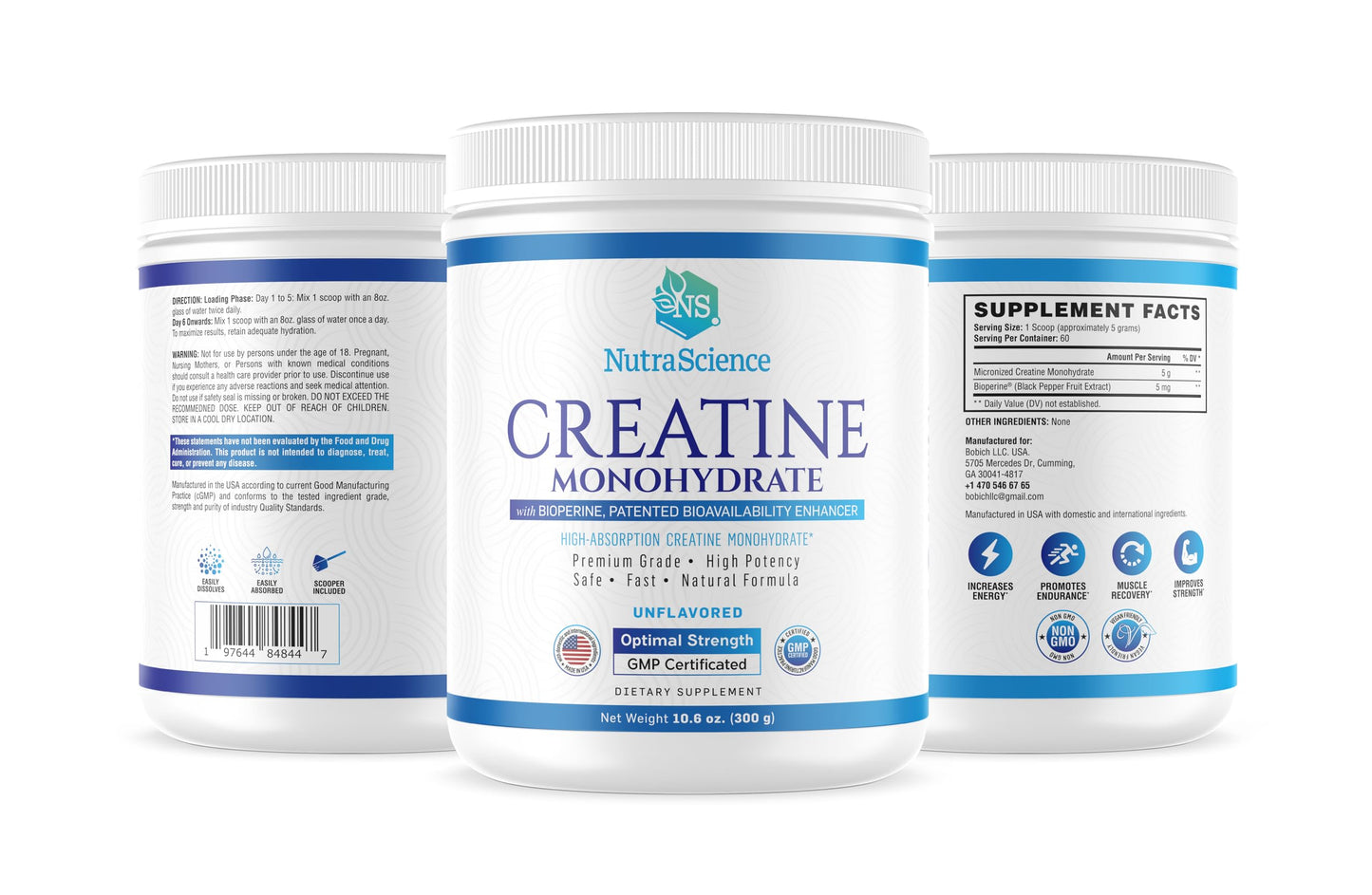 NutraScience Creatine Monohydrate Powder with BioPerine, Supports Lean Muscle Growth and Recovery, 60 Servings, 5000mg Per Serving, Unflavored, GMP sertified, Vegan Friendly, Non GMO