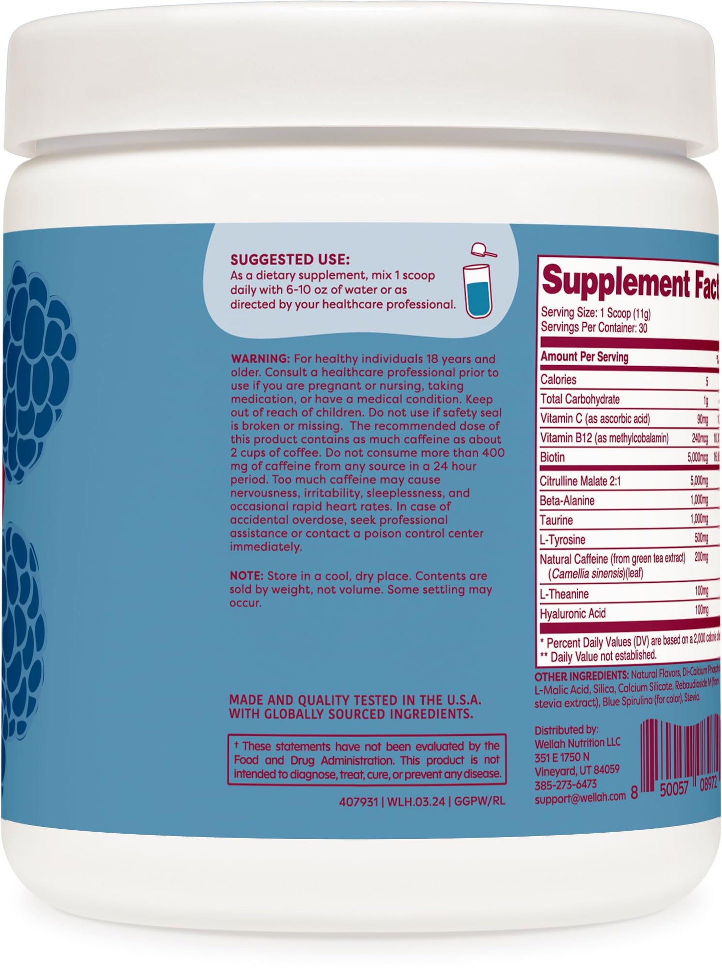 Wellah Get-Going Pre-Workout Drink Mix (Blue Raspberry Flavored, 30 Servings)