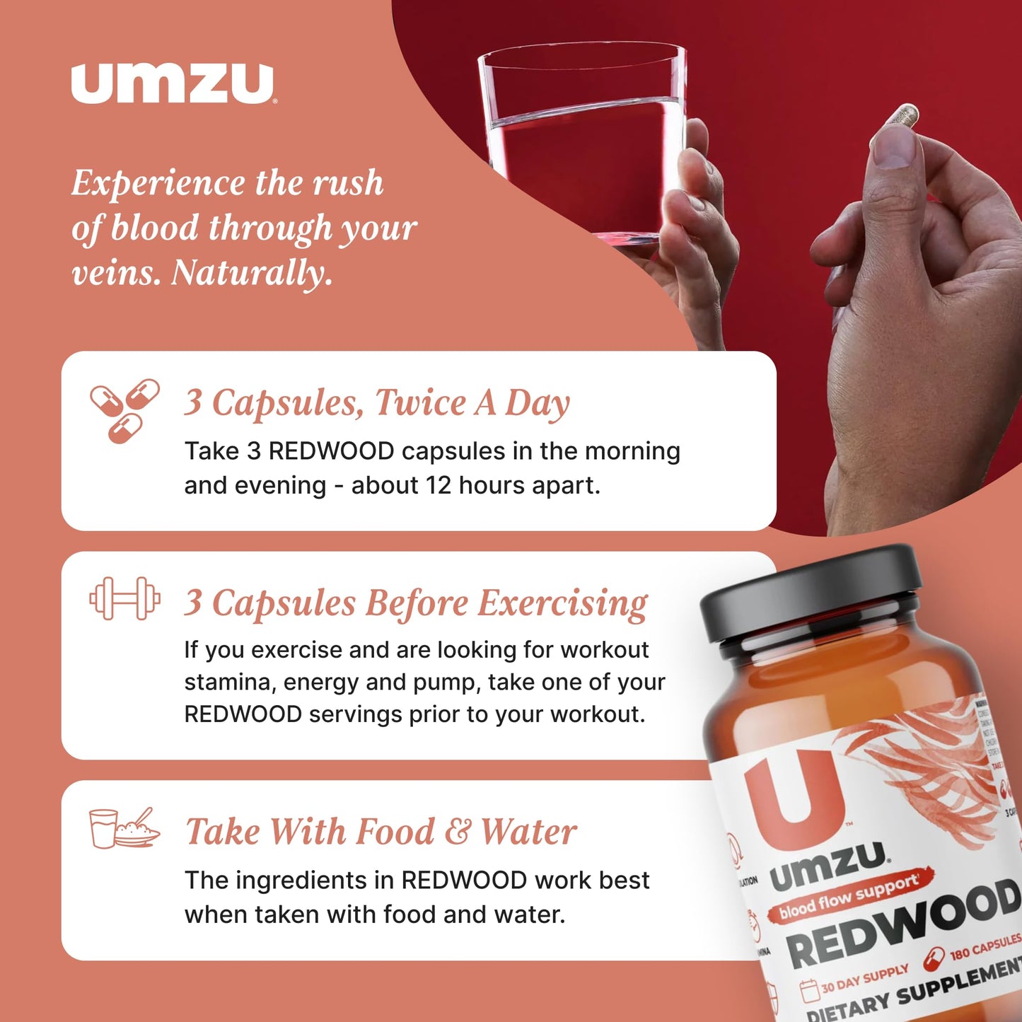 UMZU Redwood Nitric Oxide Booster & Blood Circulation Supplement, 3 Bottles (90 Day Supply | 540 Capsules)
